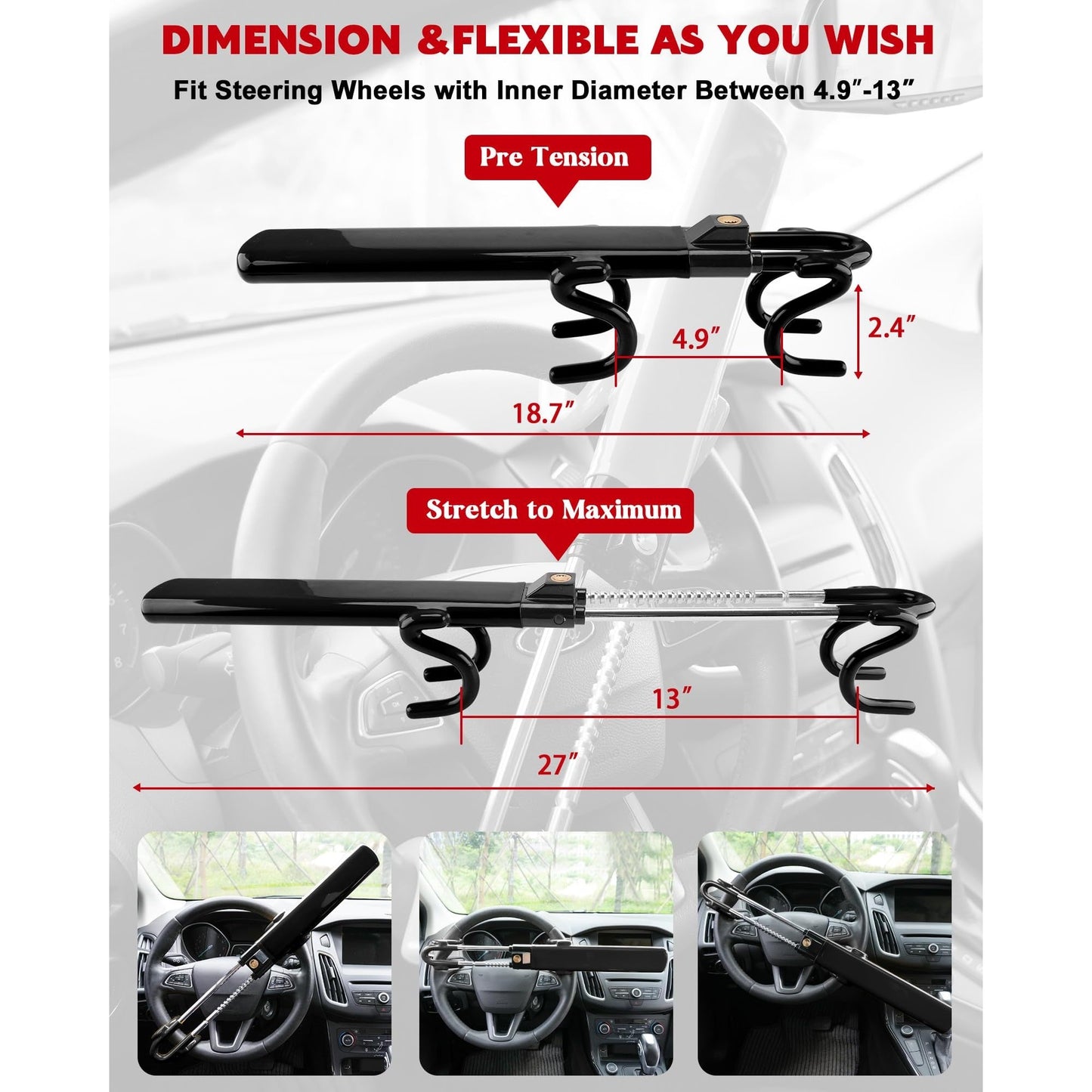 Tevlaphee Steering Wheel Lock Anti-Theft Car Device Heavy Duty Security Car Lock Antitheft Locking Devices Great Deterrent Adjustable Car Wheel Lock Anti Theft for Vehicle Truck with 3 Keys(Black) - Medaid International