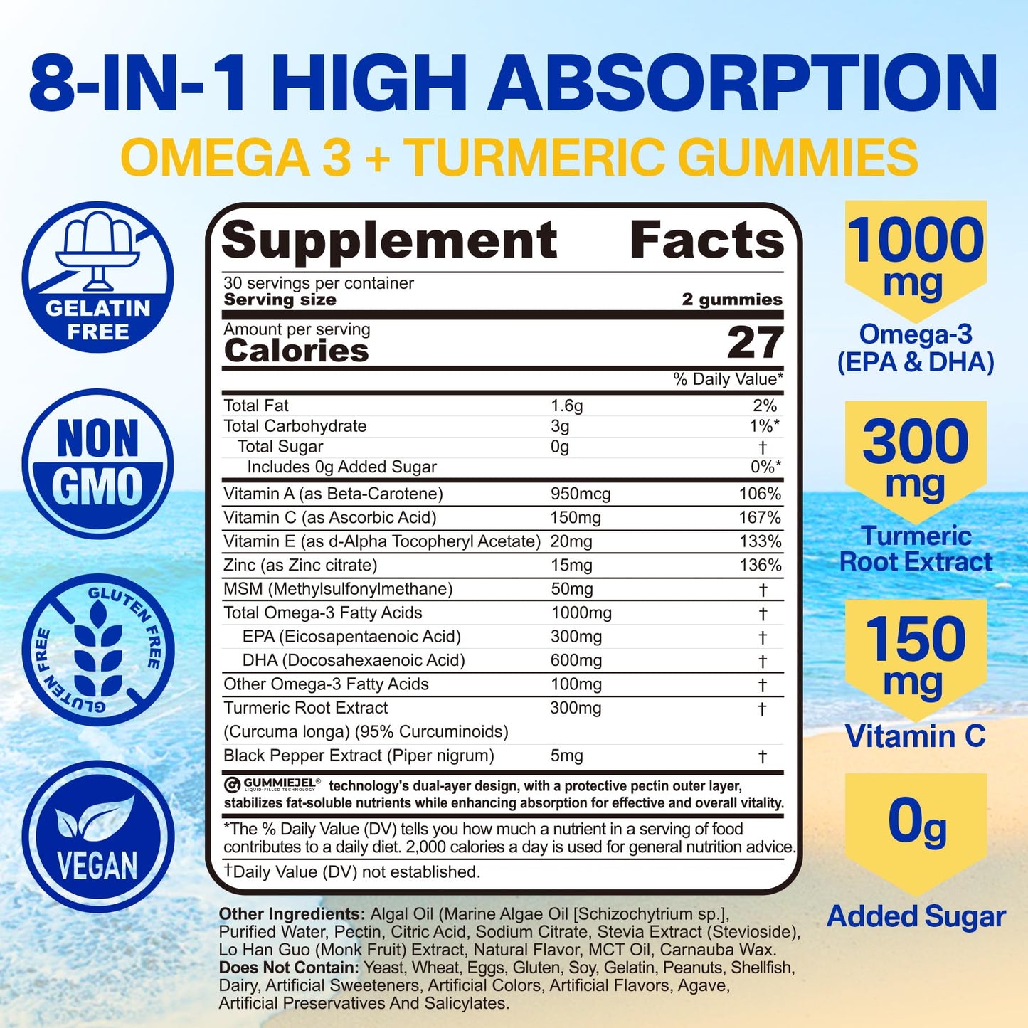 Vegan Omega-3 Gummies 1000mg + Turmeric - Omega 3 Fish Oil Alternative for Adults - Algae DHA 600mg & EPA 300mg, Vitamins A, C, E, Zinc & MSM, Sugar Free, 60 Cts - Medaid International