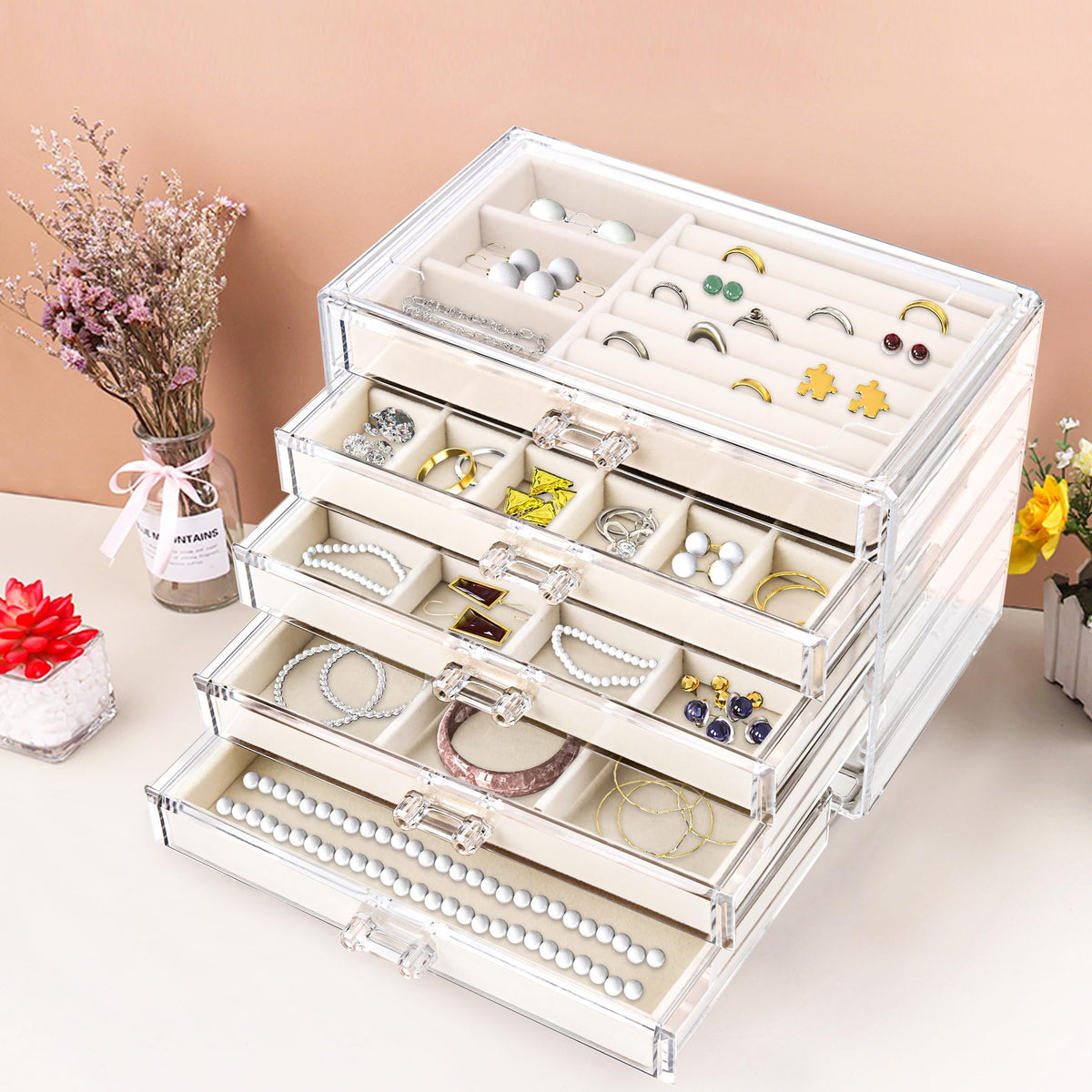 TERRIFI Acrylic Jewelry Organizer with 5 Drawers, Velvet-Lined Jewelry Storage Display, Earring Holder and Necklace Organizer, Elegant Gift for Women, Ideal for Storing and Displaying Jewelry