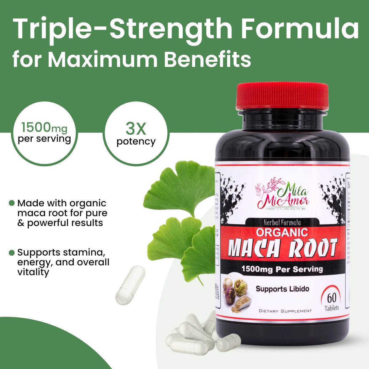 Mila Miamor Organic Maca Root Extract 1500 mg, Peak Performance for Men & Women, Sustained Energy & Hormone Support with Black Pepper, Non-GMO, 60 Tablets, US-Made - Medaid International