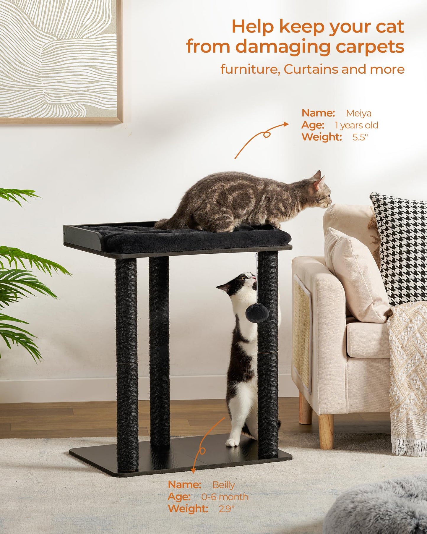 FourFurPets 26.7in Cat Tree Tower Condo, Cat Scratch Posts for Indoor Cats, Big Plate, Three 23.6in Full Sisal Scratching Posts, Black - Medaid International