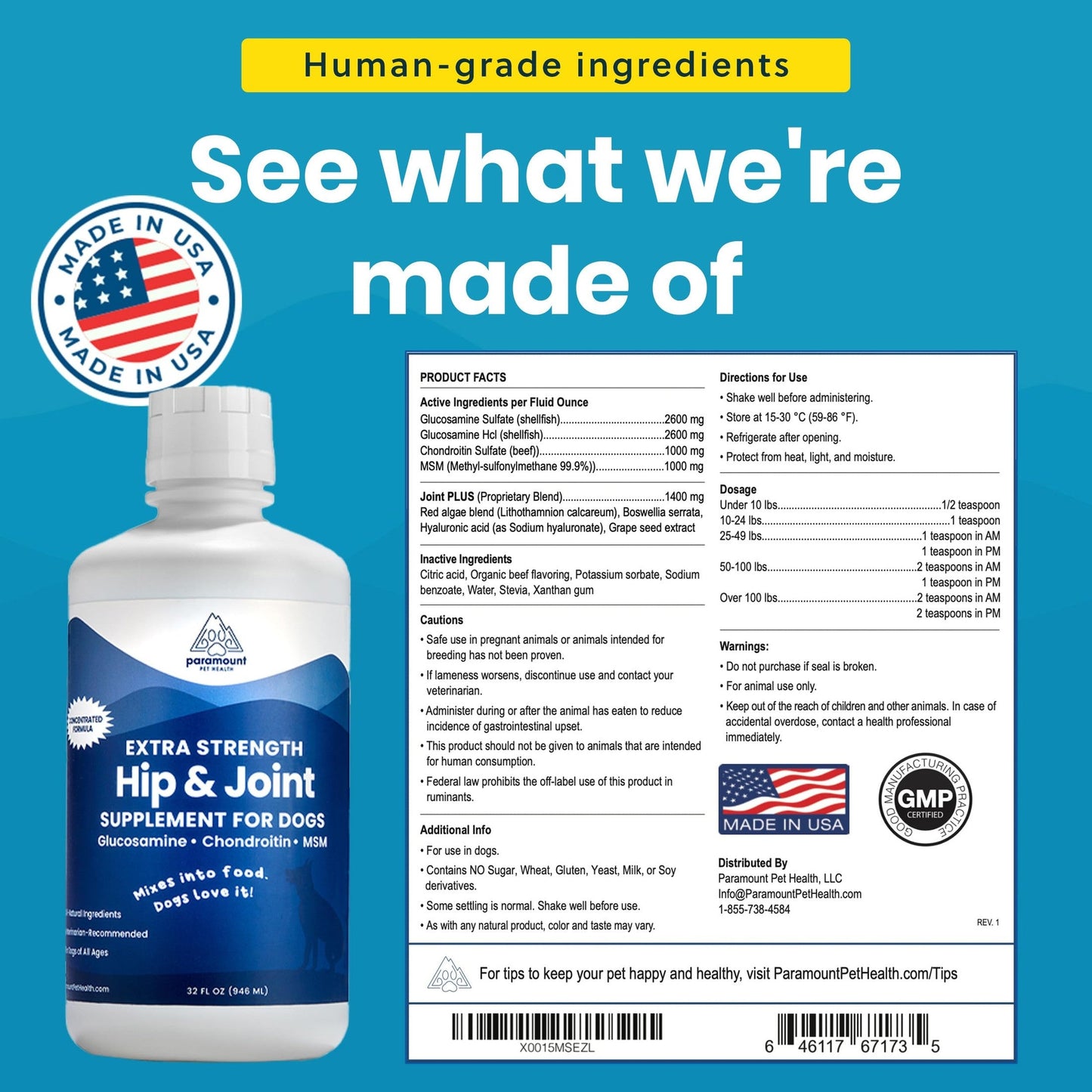 Paramount Pet Health Liquid Glucosamine for Dogs, Hip & Joint Supplement with Chondroitin & MSM, 32 oz Mobility Support for Large Dogs, Human-Grade Joint Care Made in GMP & FDA Registered Facility