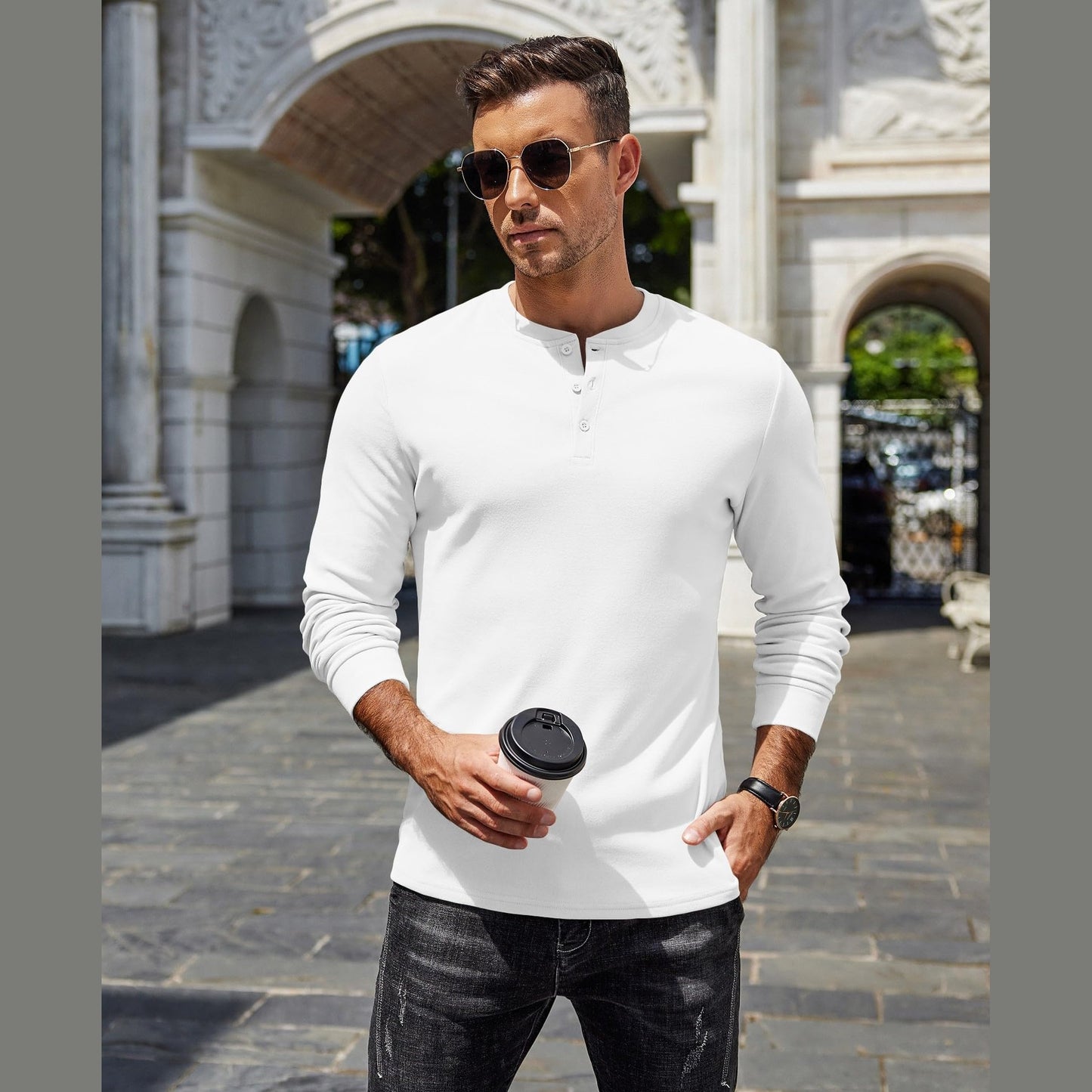 COOFANDY Men's Quarter Button T-Shirts Casual Long Sleeve Henleys Lightweight Pullover Basic Tees Fall Tops White - Medaid International