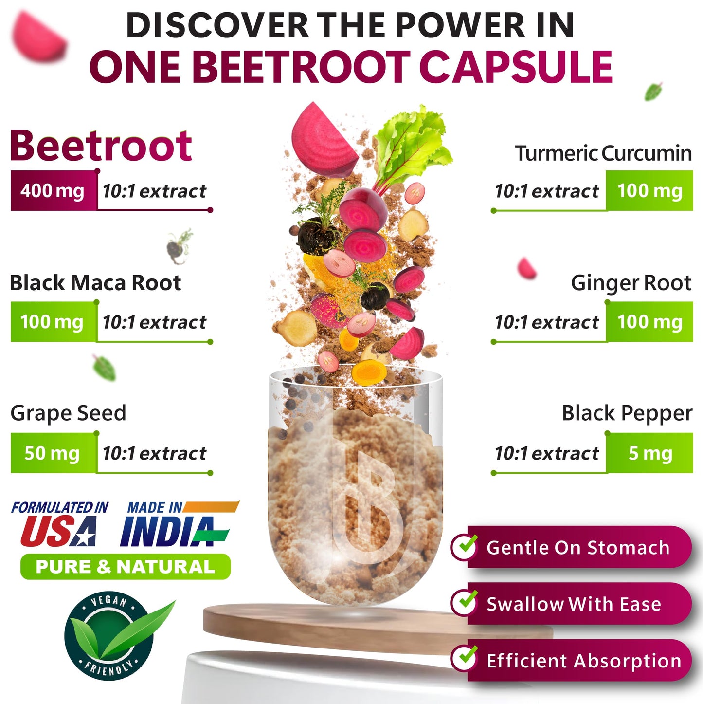 Herbpy 6in1 Beetroot Supplement with Maca Root, Grape Seed, Ginger, Turmeric and Black Pepper for Heart Health & Immune Support - 100 Vegan Capsules - Medaid International