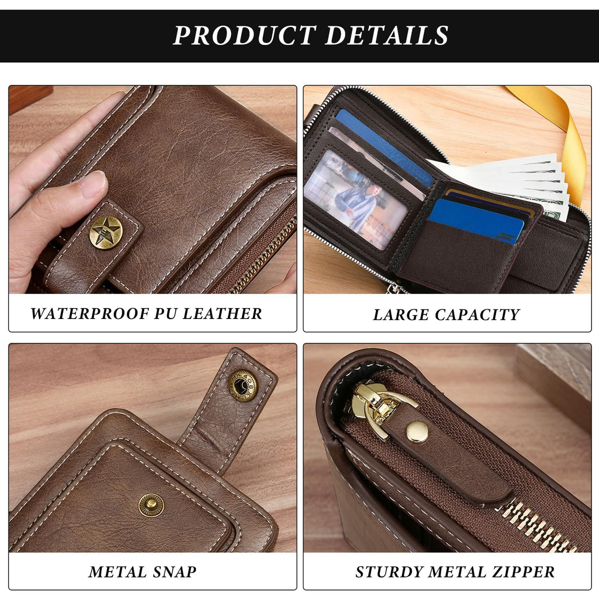 KASTWAVE Mens Wallets, PU Leather Wallet with Coin Purse, Mini Bifold Wallet with Zipper Buckle, Multiple Compartments Card Holder Small Wallet with ID Windows for Cards, Cash, Brown