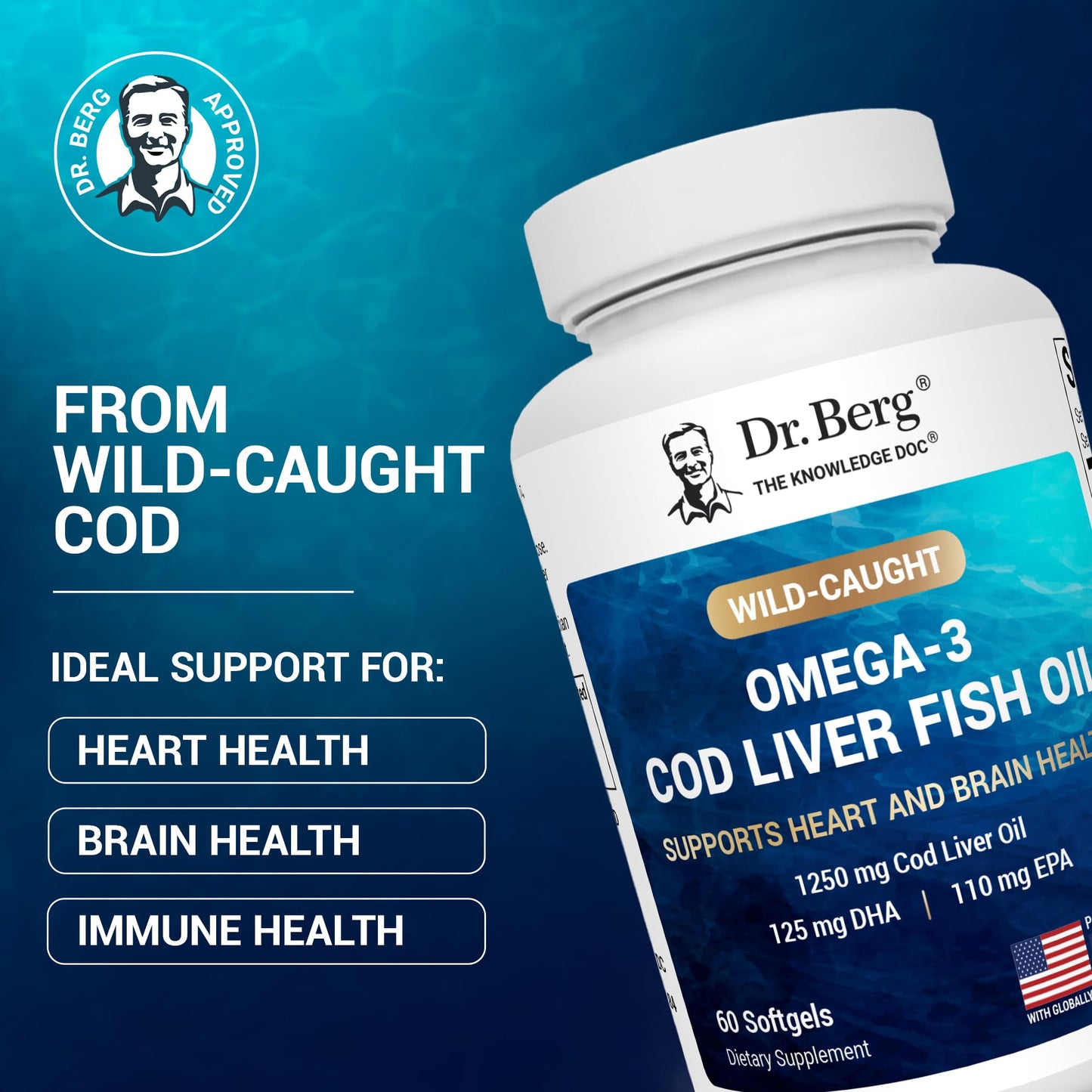 Dr. Berg Maximum Strength Omega-3 Cod Liver Fish Oil (1250 mg) from Wild-Caught Cod - Lemon-Flavored Omega-3 Fish Oil for Women & Men - EPA DHA Supplement – 60 Softgels - Medaid International