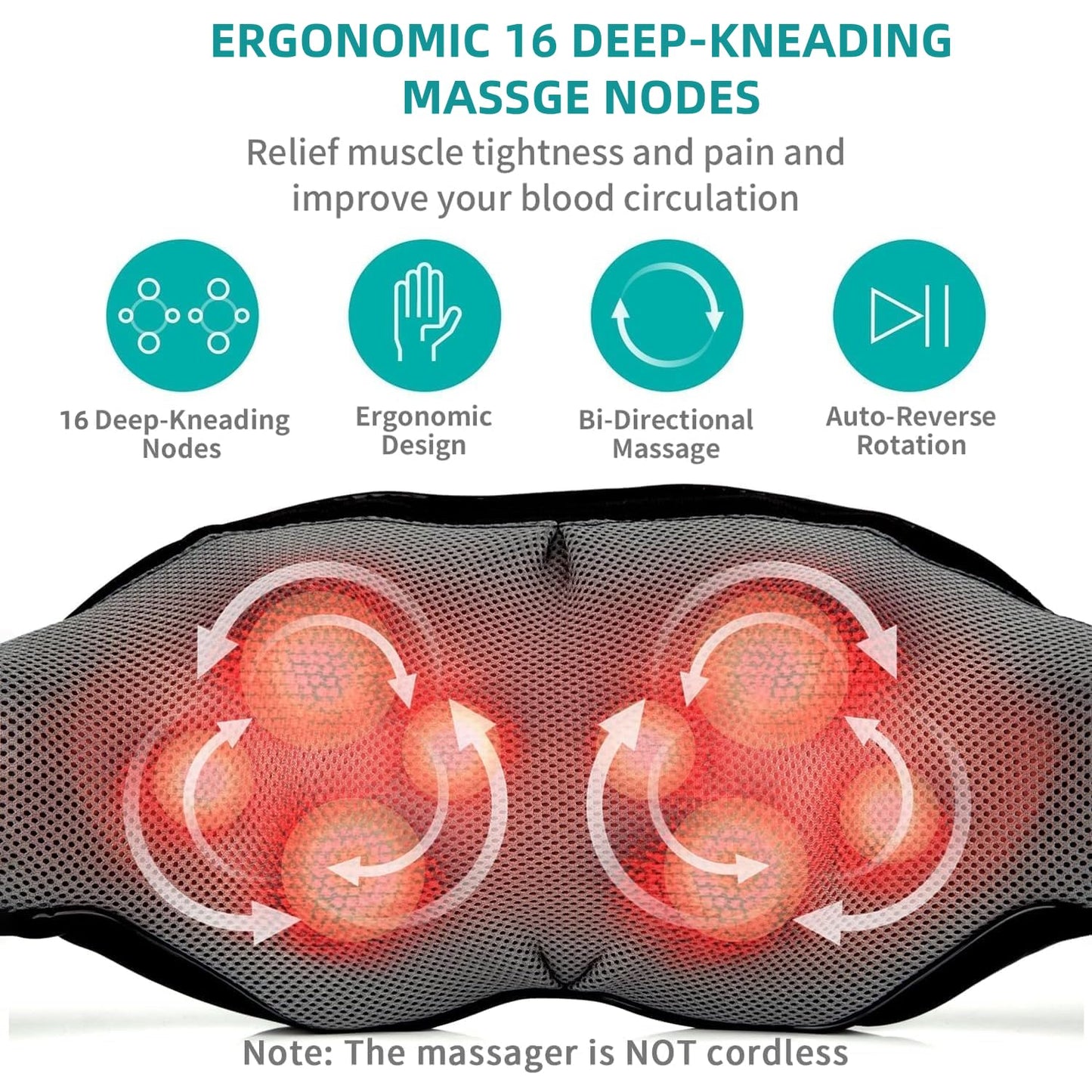 Nekteck Shiatsu Neck Massager for Pain Relief Deep Tissue with Heat, 3D Kneading Massage Pillow Back Shoulder Massagerfor Body Muscle, Plug-in Use for Home Office Car, Gifts for Mom Dad Him Her - Medaid International