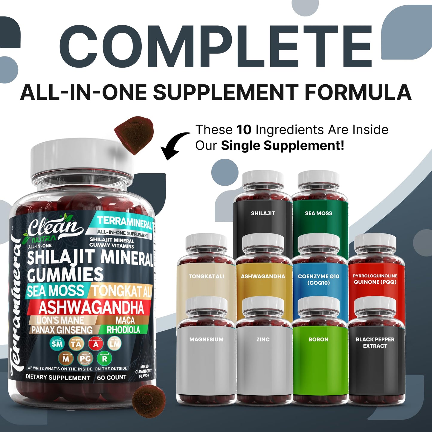 Terramineral Shilajit Gummies with Irish Sea Moss Tongkat Ali Ashwagandha Lion's Mane MACA Panax Ginseng Rhodiola & Cordyceps by Clean Nutra (1) - Medaid International