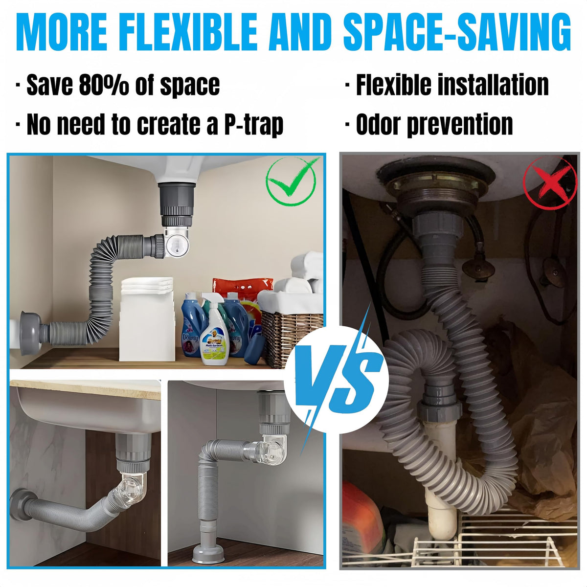 TERRIFI Bathroom Sink Drain Pipe Kit, 3 in 1 Plumbing Solution, Fits 1-1/4'' & 1-1/2'' Drain Holes, Anti-Odor and Anti-Backflow, Space-Saving Design Ideal for Bathrooms, RVs, and Kitchens