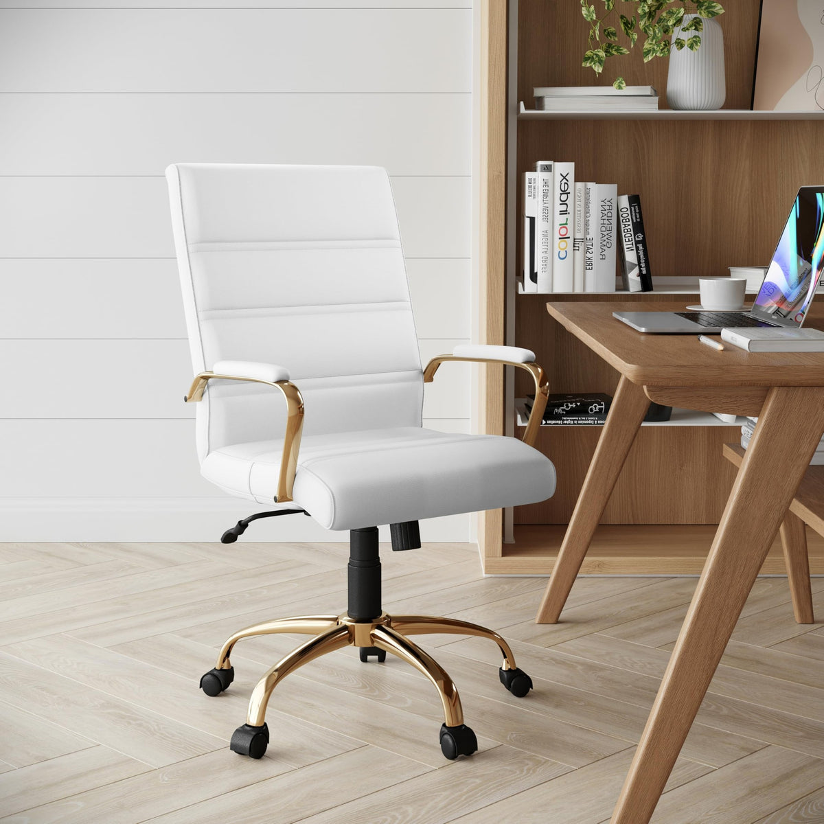 Flash Furniture Whitney Mid-Back Swivel LeatherSoft Desk Chair with Padded Seat and Armrests, Adjustable Height Padded Office Chair, White/Gold - Medaid International