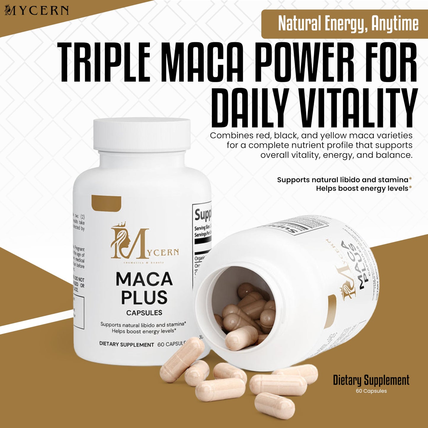 Maca Plus Capsules with Red, Black & Yellow Maca – 1500mg High Potency Root Blend – 60 Caps – Supports Active Lifestyle – Made in USA - Medaid International