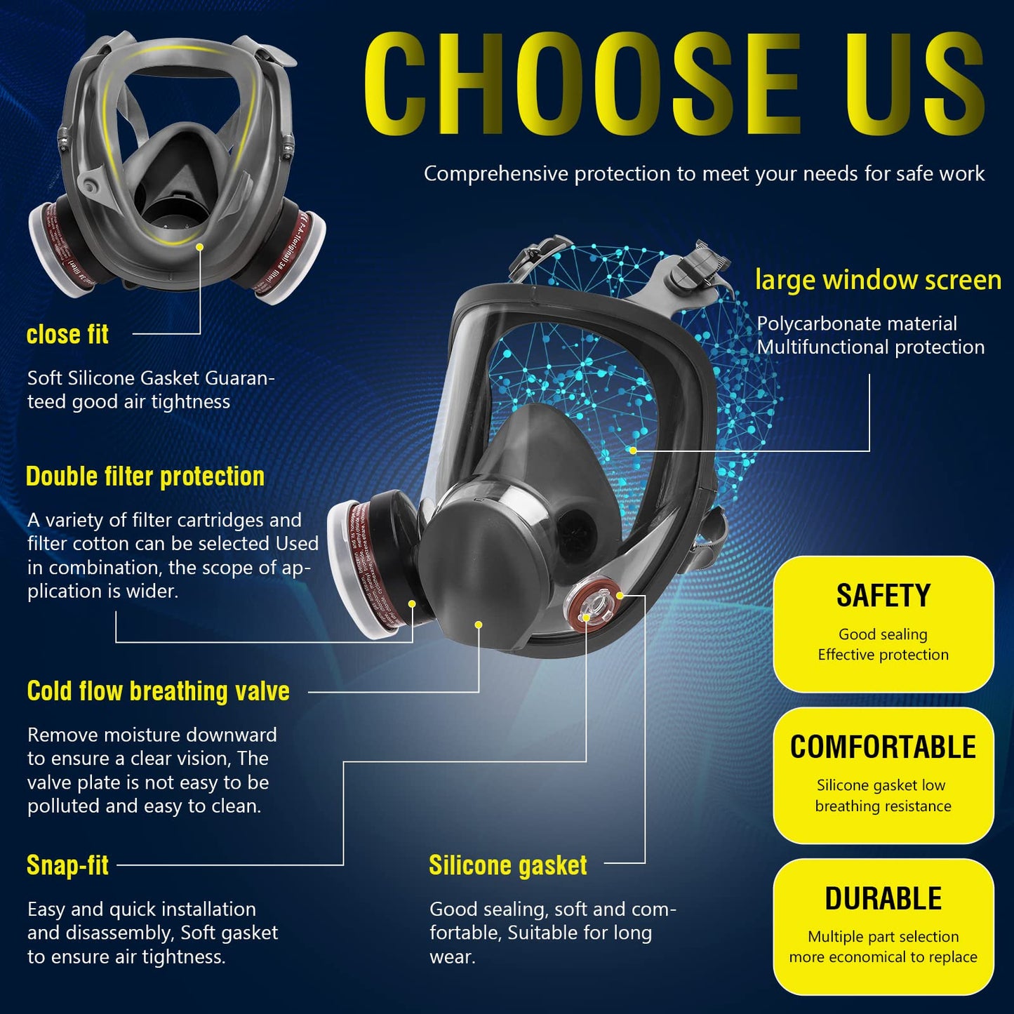 Full Face Respirator Mask - Reusable Large Face Gas Mask Professional Breathing Protection Against Dust/Organic Vapor/Formaldehyde/Chemical Perfect for Airbrush, Car Spraying, Sanding, Paint Work