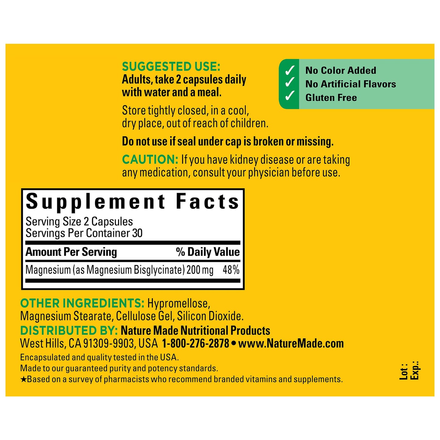 Nature Made Magnesium Glycinate 200 mg per Serving, Magnesium Supplement for Muscle, Heart, Nerve and Bone Support, 60 Magnesium Bisglycinate Capsules, 30 Day Supply - Medaid International