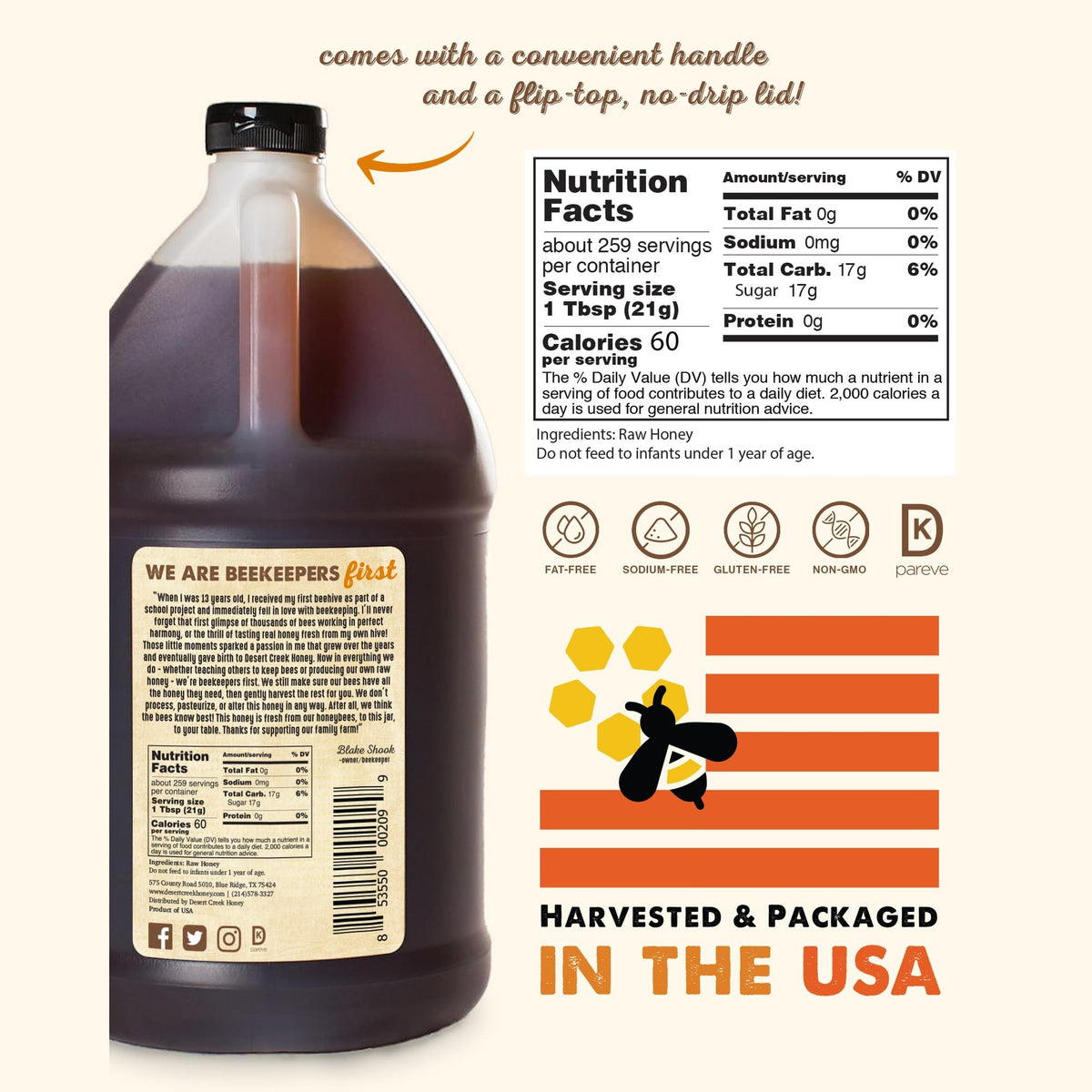 Desert Creek Honey - 100% Unfiltered, Pure, Raw Honey from Texas - Natural Sugar Substitute - One Gallon of Bulk Unprocessed, Unpasteurized American Honey - Harvested by Our Own Beekeepers - Medaid International