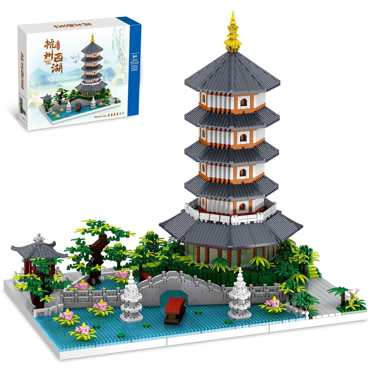 KASTWAVE Peach Blossom Pond Micro Mini Building Blocks Set, Chinese Architecture Cherry Bonsai Gift Toys with String Lights, Japanese Sakura Tree House Micro Bricks for Adults and 14+ Kids (3320 Pcs)