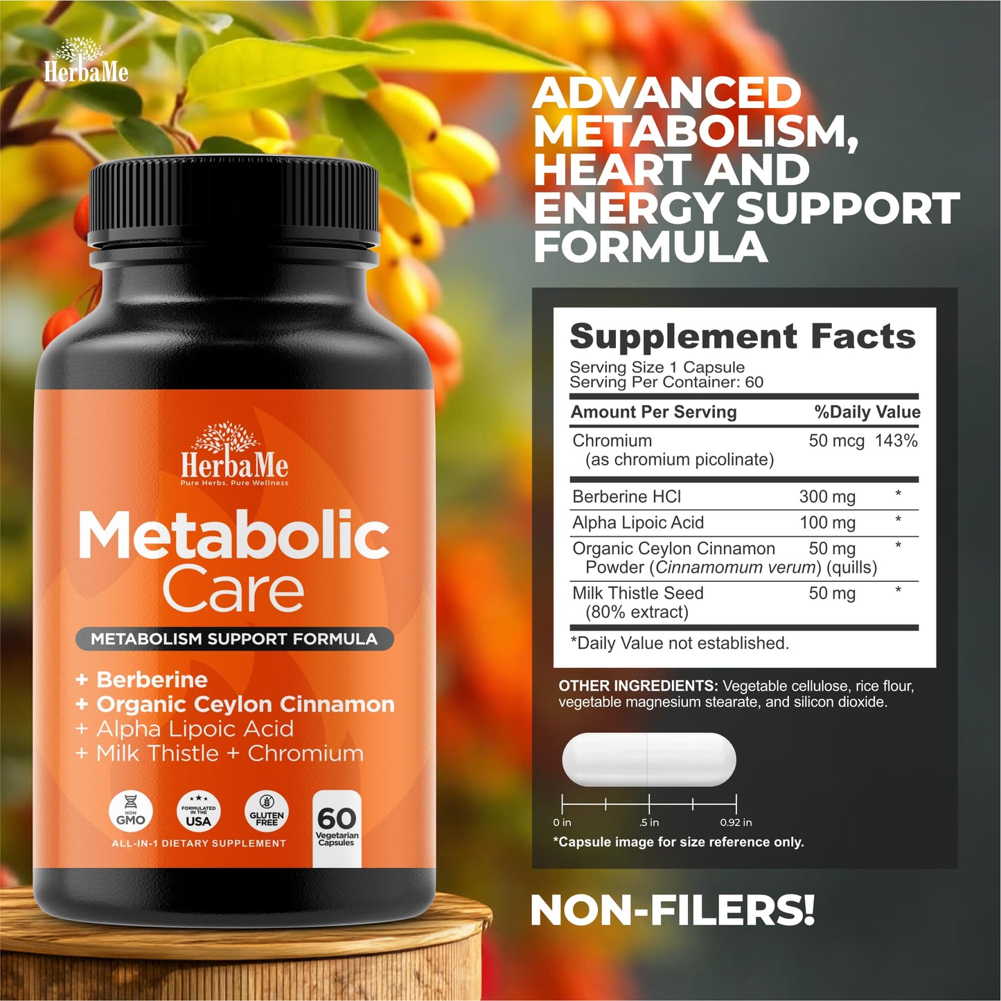 HerbaMe Berberine Supplement with Ceylon Cinnamon, Chromium, Alpha Lipoic Acid, Metabolic Care Supports Metabolism & Cardiovascular Health and Immune System, Helps Maintain Steady Energy Levels - Medaid International