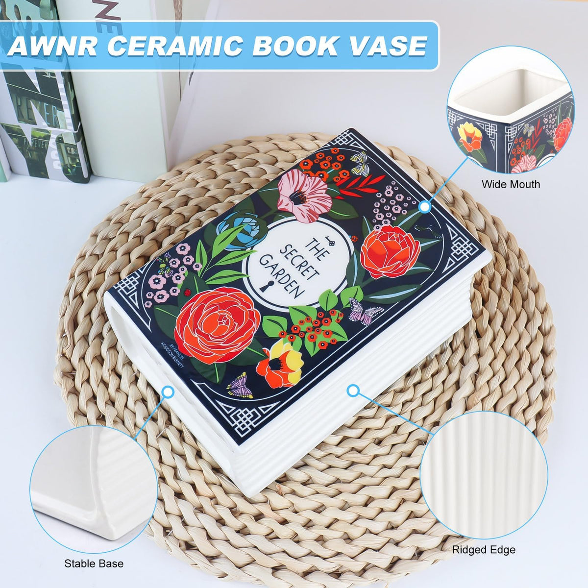 Terrifi Book Flower Vase, Ceramic Book-Shaped Decorative Small Vase For Home Decor, Cute Bookshelf Decoration, Creative Lovers, Modern And Office