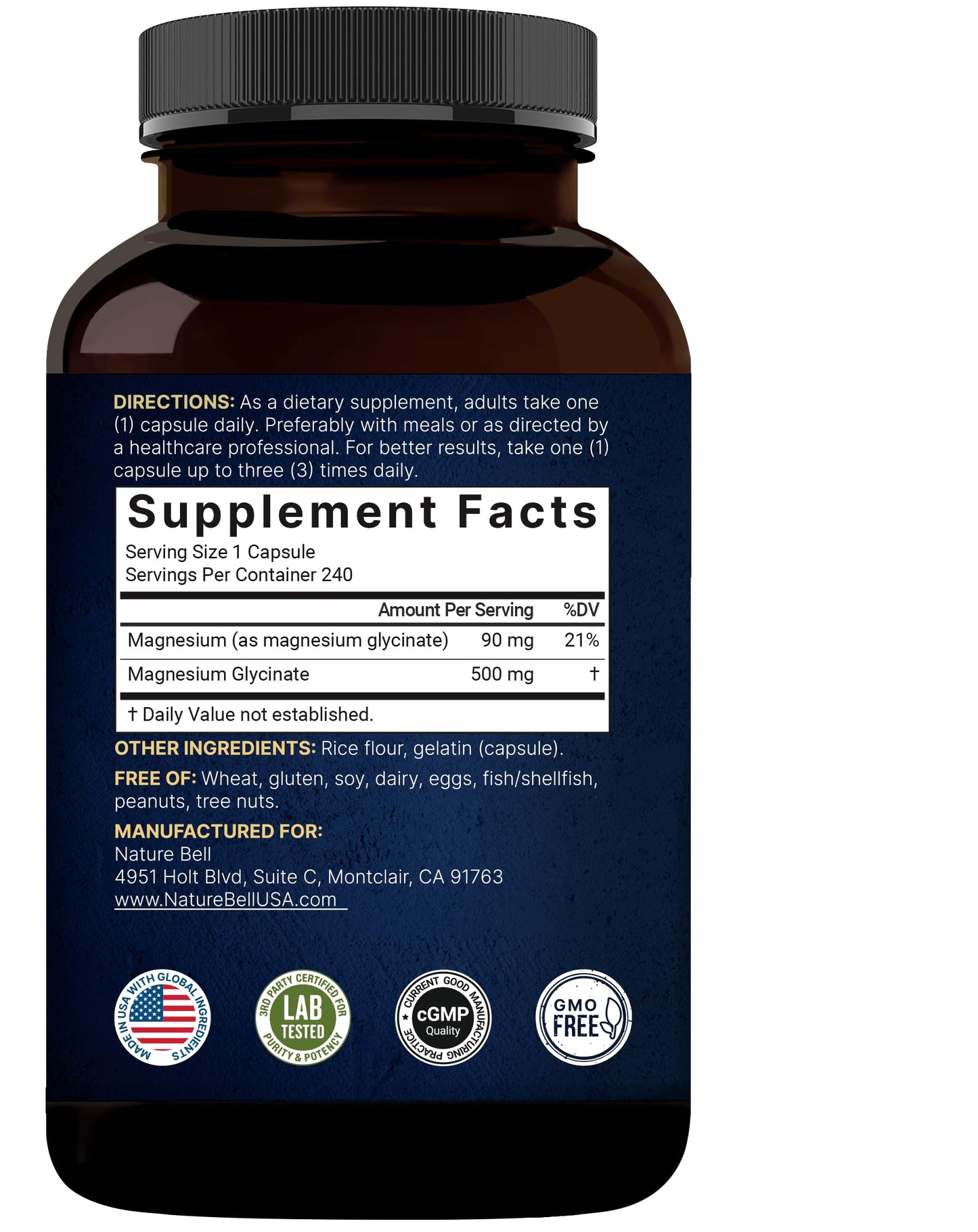 NatureBell Magnesium Glycinate Capsules 500mg | 240 Count, 100% Chelated & Purified, 3rd Party Tested, Non-GMO & Gluten Free - Medaid International