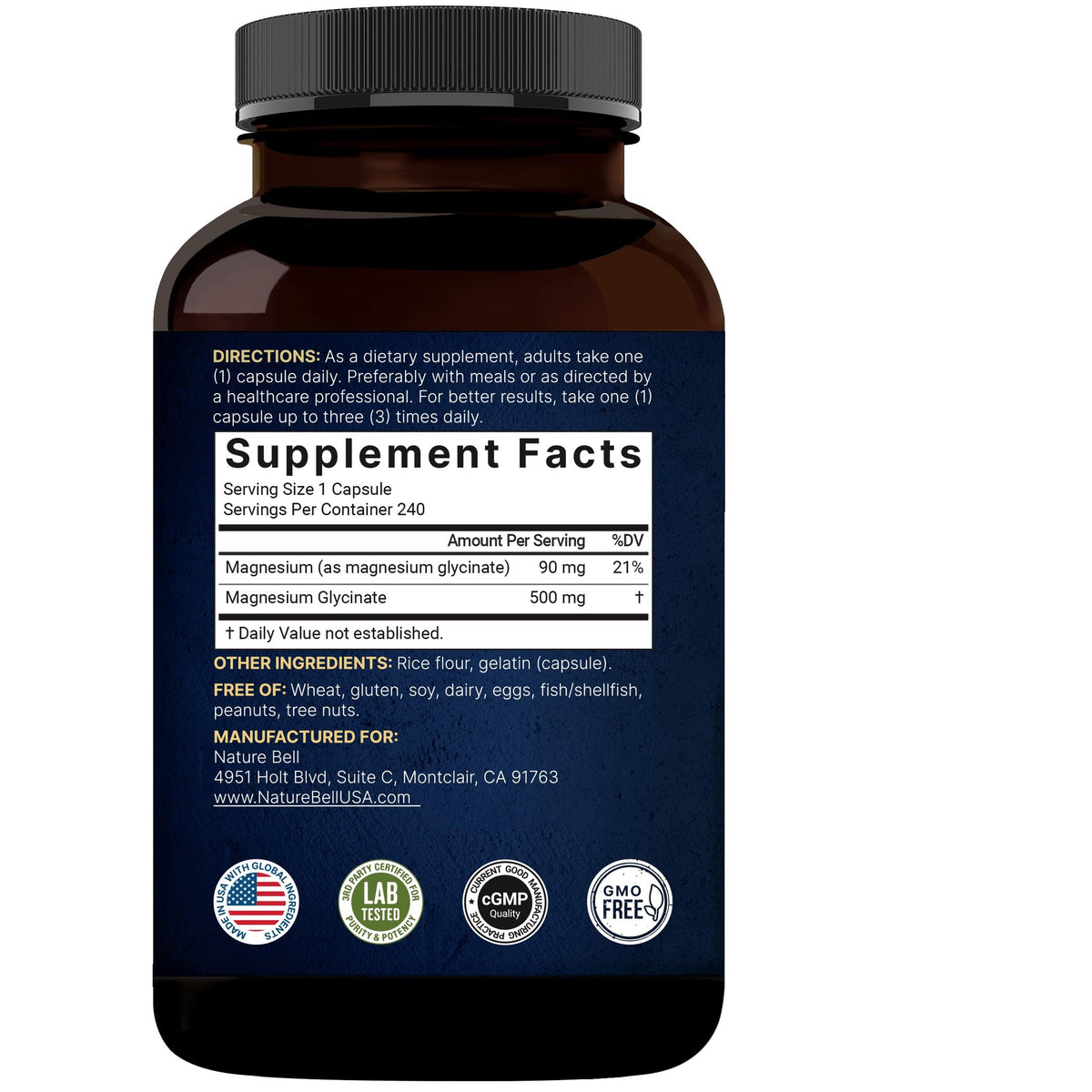 NatureBell Magnesium Glycinate Capsules 500mg | 240 Count, 100% Chelated & Purified, 3rd Party Tested, Non-GMO & Gluten Free - Medaid International