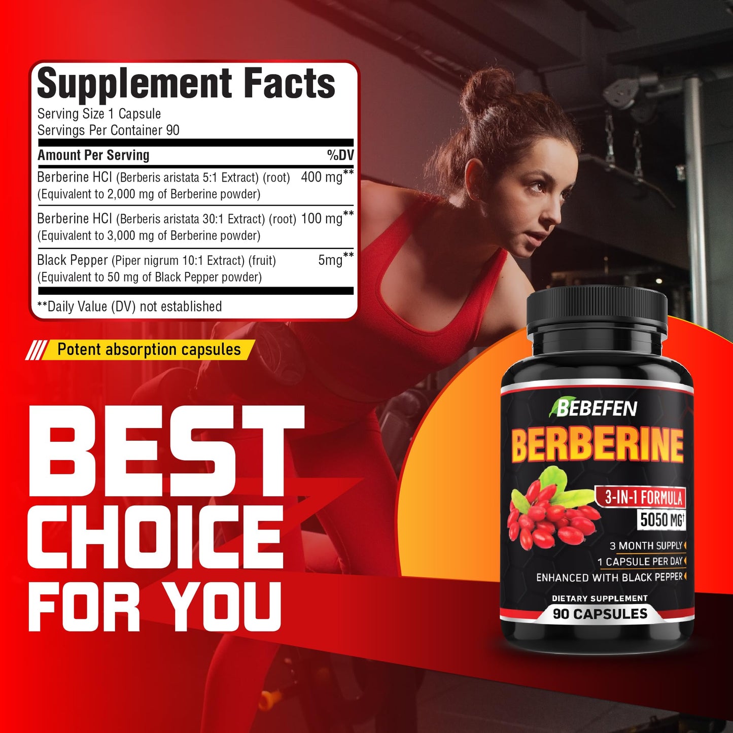 BEBEFEN Berberine Capsules with Black Pepper Extract - 90 Capsules - 3 Month Supply - Medaid International