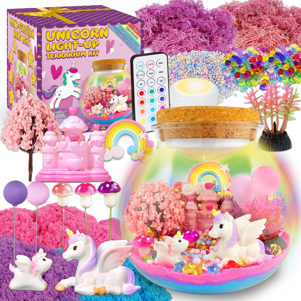 Mermaid Terrarium Kit for Kids, DIY Arts & Crafts Gift for Girls Ages 4 5 6 7 8-12 Year Old, LED Night Light with Remote, Best Birthday Easter Unicorn Toys Gifts for Girls Kid