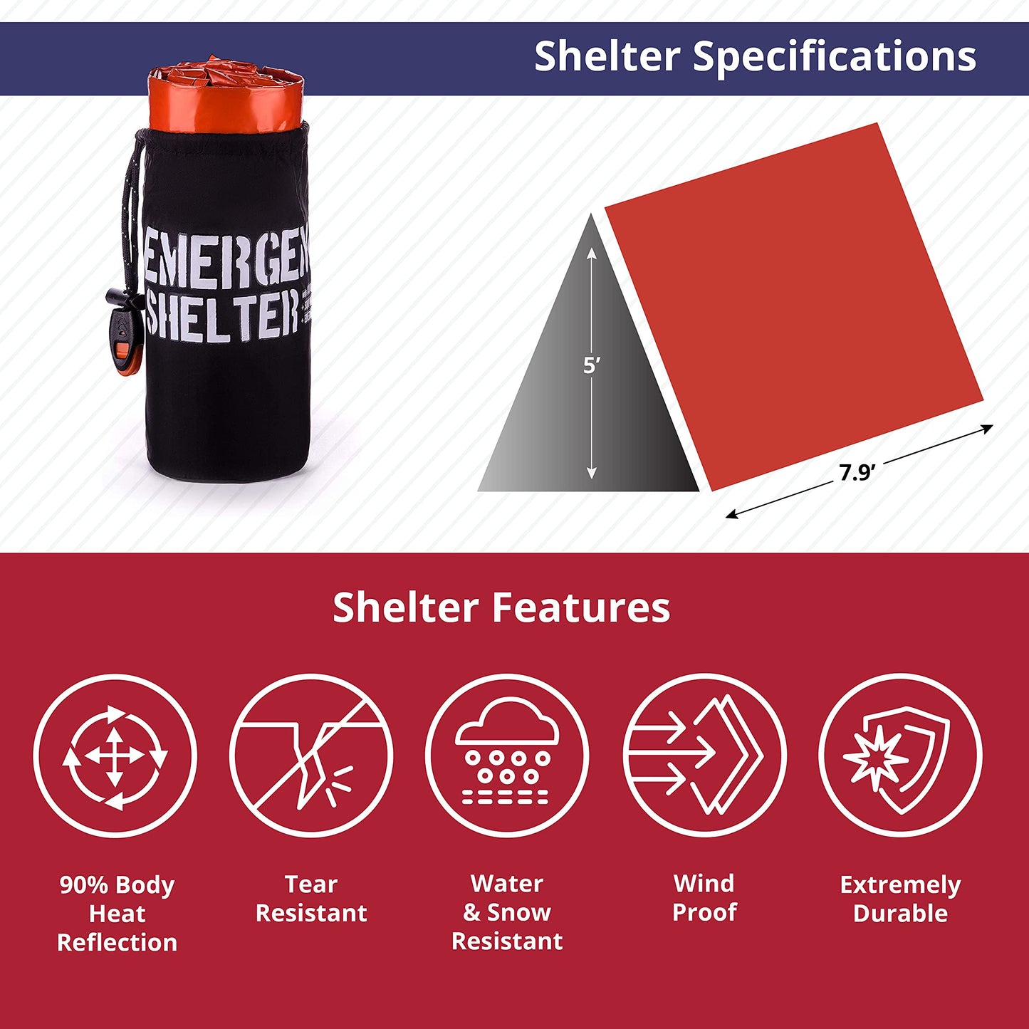 Emergency Shelter Emergency Tube Tent Survival Tarp - Rescue Gear - Emergency Kit - Reflective Mylar Survival Tent – Includes Whistle, Compass and Survival Hook Hiking Supplies Kit Camping Essentials