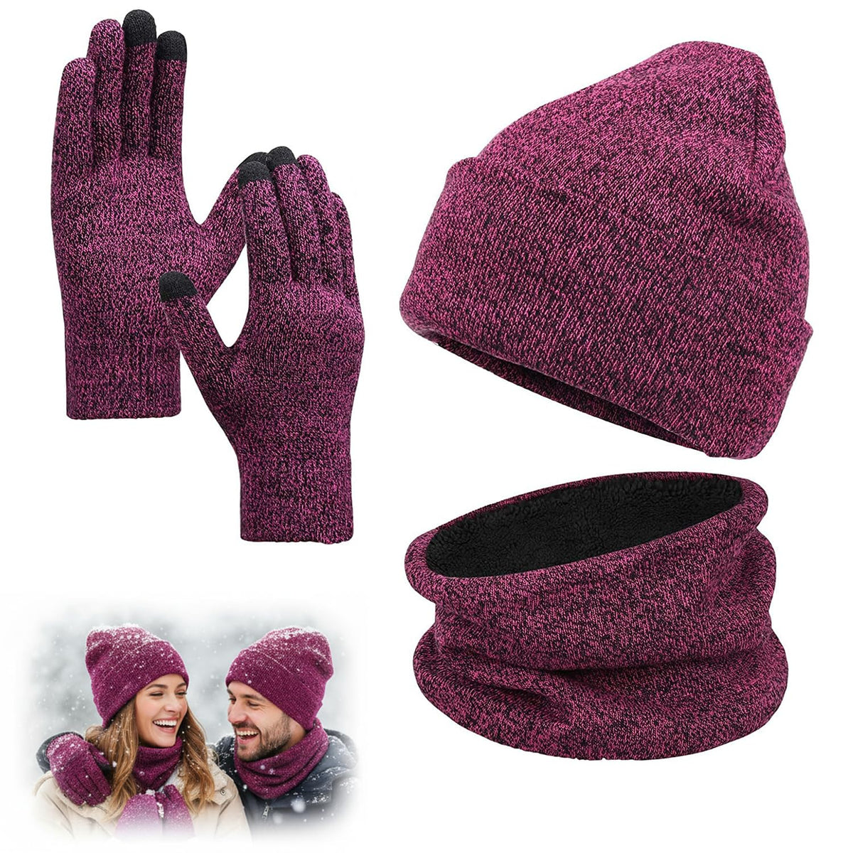 KASTWAVE Winter Beanie Hat Scarf Touchscreen Gloves Set, Knit Thick Fleece Lined Warm Touchscreen Gloves Beanie Scarf Set for Men and Women, Women Winter Hats 3-Piece Warmer Gift Box