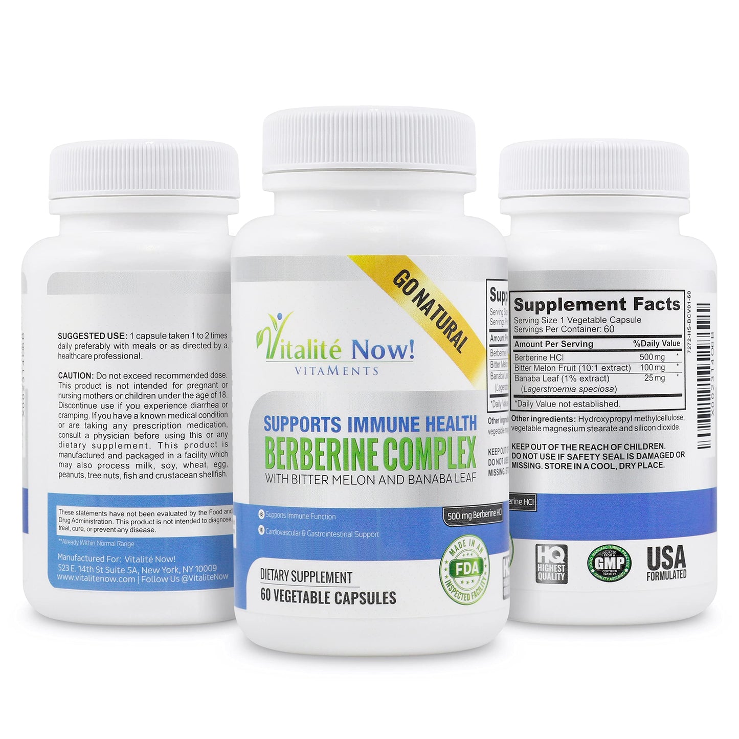 Vitalité Now! High Strength Berberine 500mg + Bitter Melon & Banaba - Immune System Health - Cardiovascular & Gastrointestinal Support - 60 Vegetarian Capsules - Medaid International
