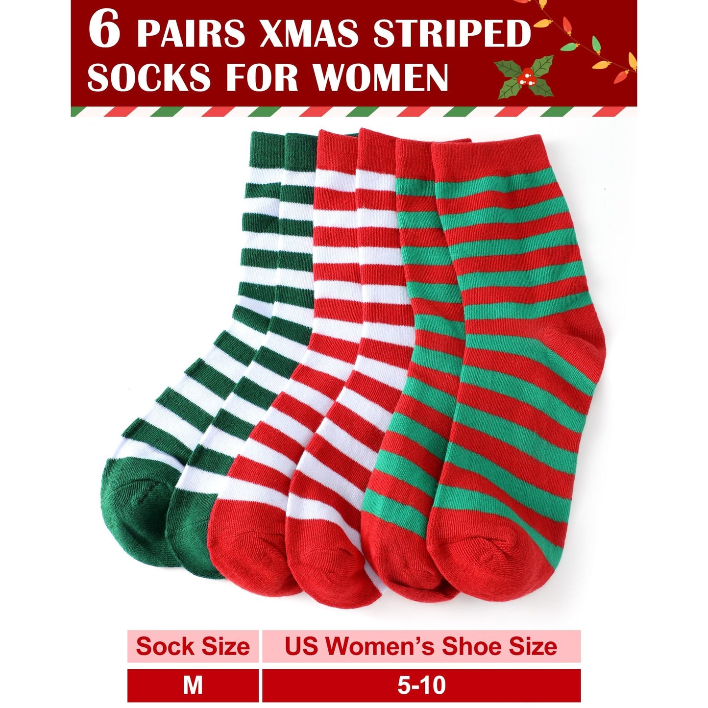 Eurzom 6 Pairs Christmas Women's Striped Socks Holiday Novelty Crew Socks Bulk Holiday Gift for Xmas Women Men Elf Costume(Red White, Green White, Red and Green) - Medaid International