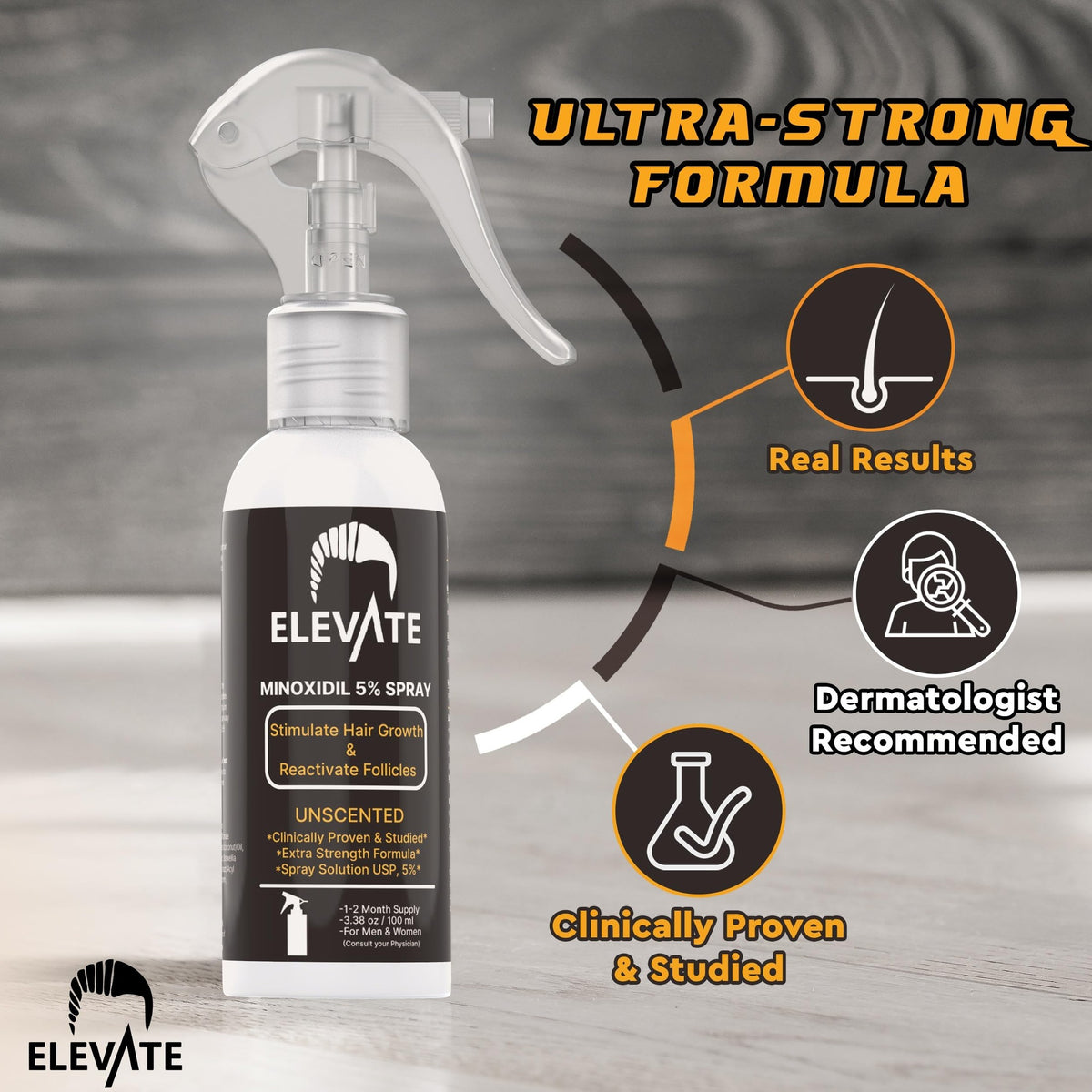 Elevate Hair Regrowth Treatment 5% Minoxidil Spray - Extra Strength Formula Professional Treatment for Hair Loss and Thinning for Regrowth - Stimulate Follicles for Men and Women 1 Month Supply - Medaid International