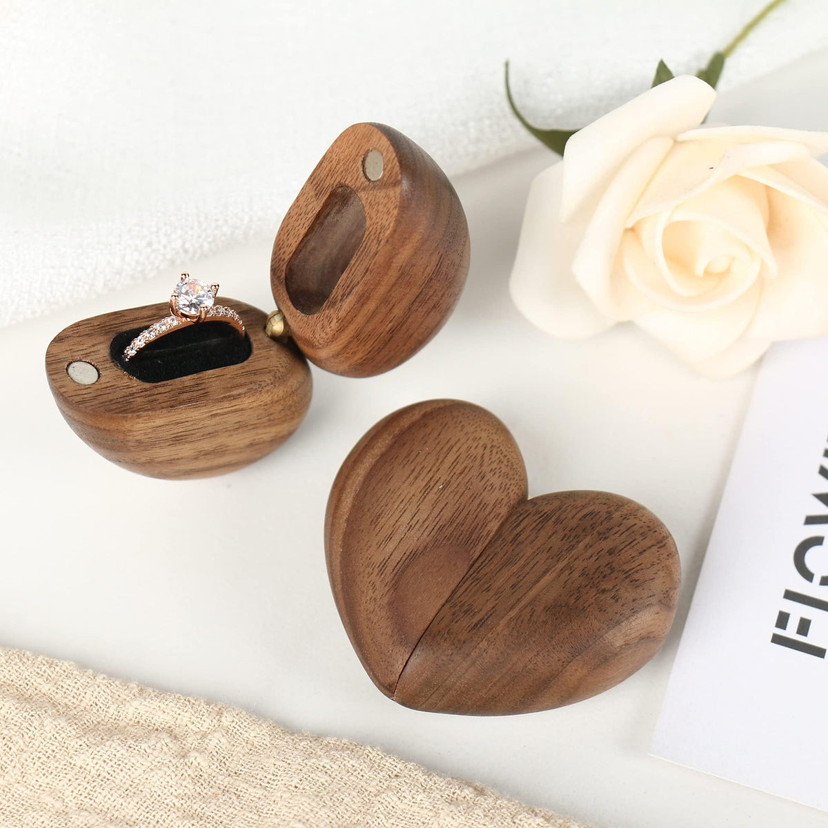 KASTWAVE Personalized Wooden Ring Box - Heart Shaped Ring Box for Wedding, Proposal, and Engagement, Wood Ring Case and Holder, True Love Eternal Design in Black Walnut