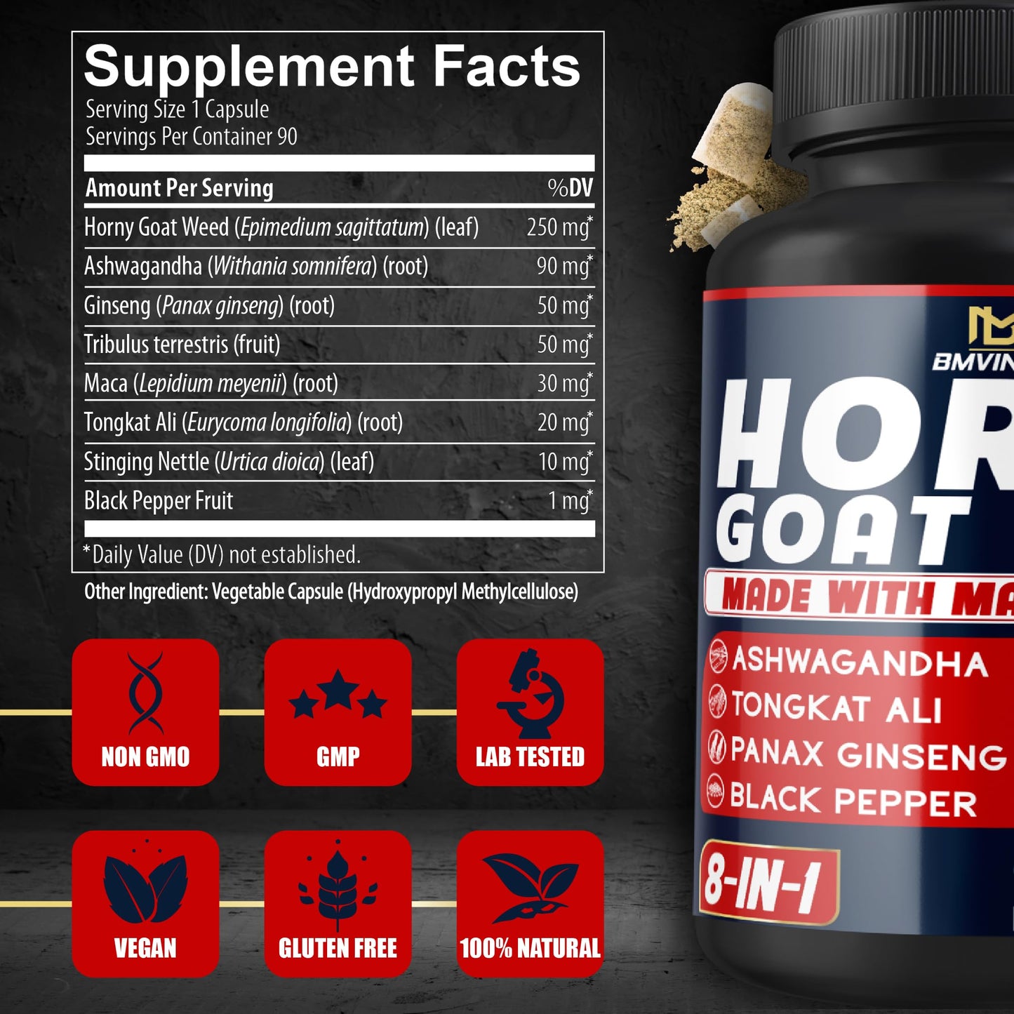 BMVINVOL Horny Goat Weed for Men - Extra Strength Supplement with Maca, Ginseng, Tribulus Terrestris, Ashwagandha - 90 Capsules - Medaid International