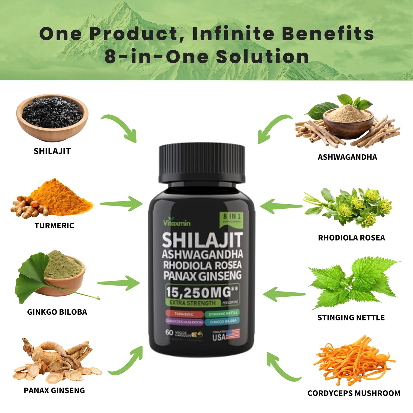 Shilajit and Ashwagandha Capsules, 8-in-1 Herbal Multivitamin for Men and Women, with Rhodiola Rosea, Ginseng, and Stinging Nettle, Shilajit for Men and Women - Medaid International