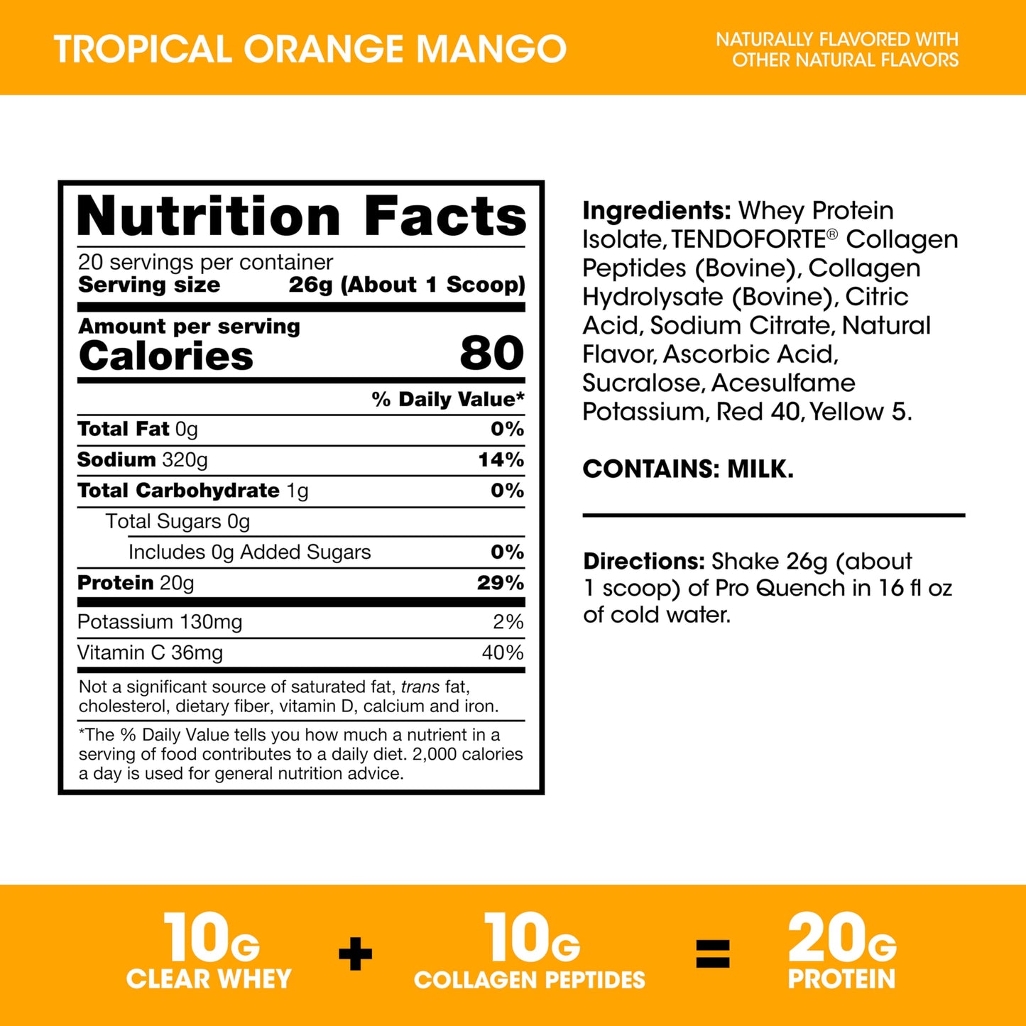 Optimum Nutrition Pro Quench, 10g Clear Protein, 10g Collagen peptides & Electrolyte Powder Drink Mix, Tropical Orange Mango, 20 Servings, 520 Grams (Packaging May Vary) - Medaid International