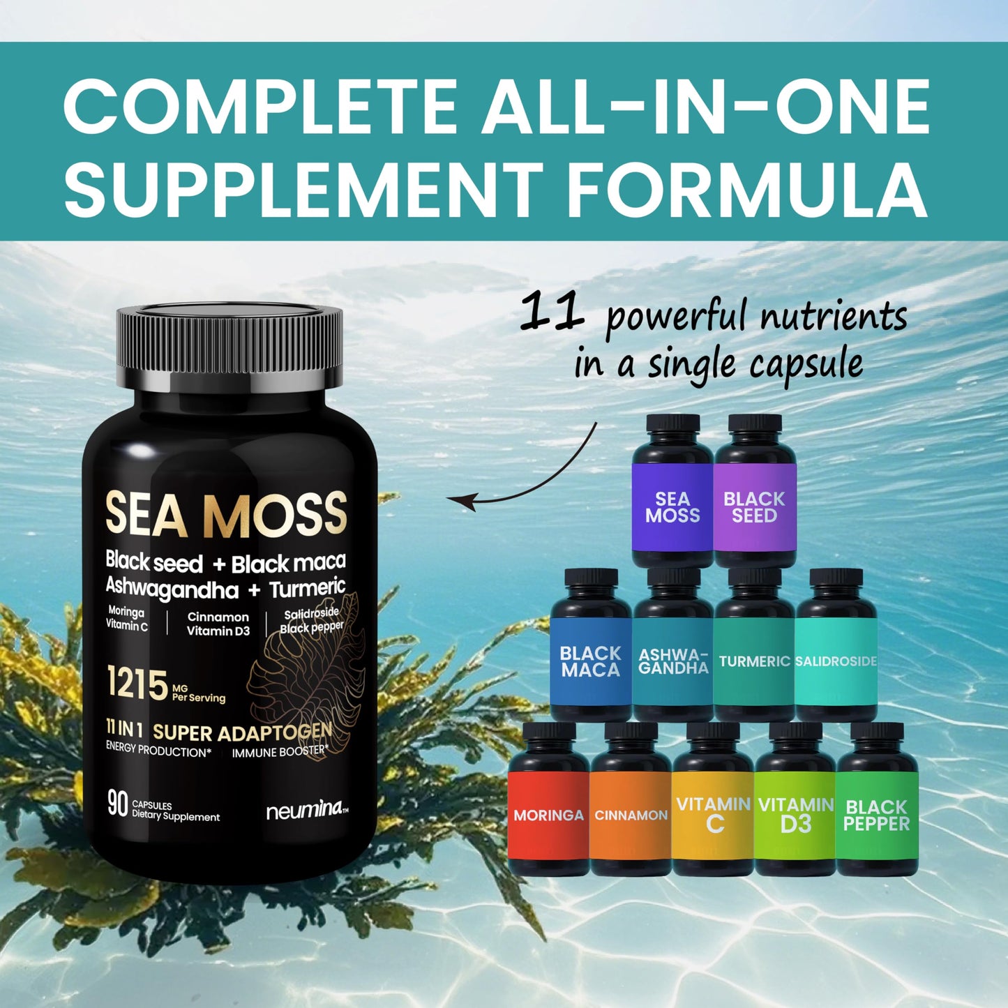 NEUMINA 1215mg Sea Moss Super Adaptogen Capsules, 90 Count - High-Potency, Pure, Made in The USA, Vegan Powerhouse with Black Seed, Black maca, Ashwagandha & Turmeric – Energy, Stress & Immune Boost - Medaid International