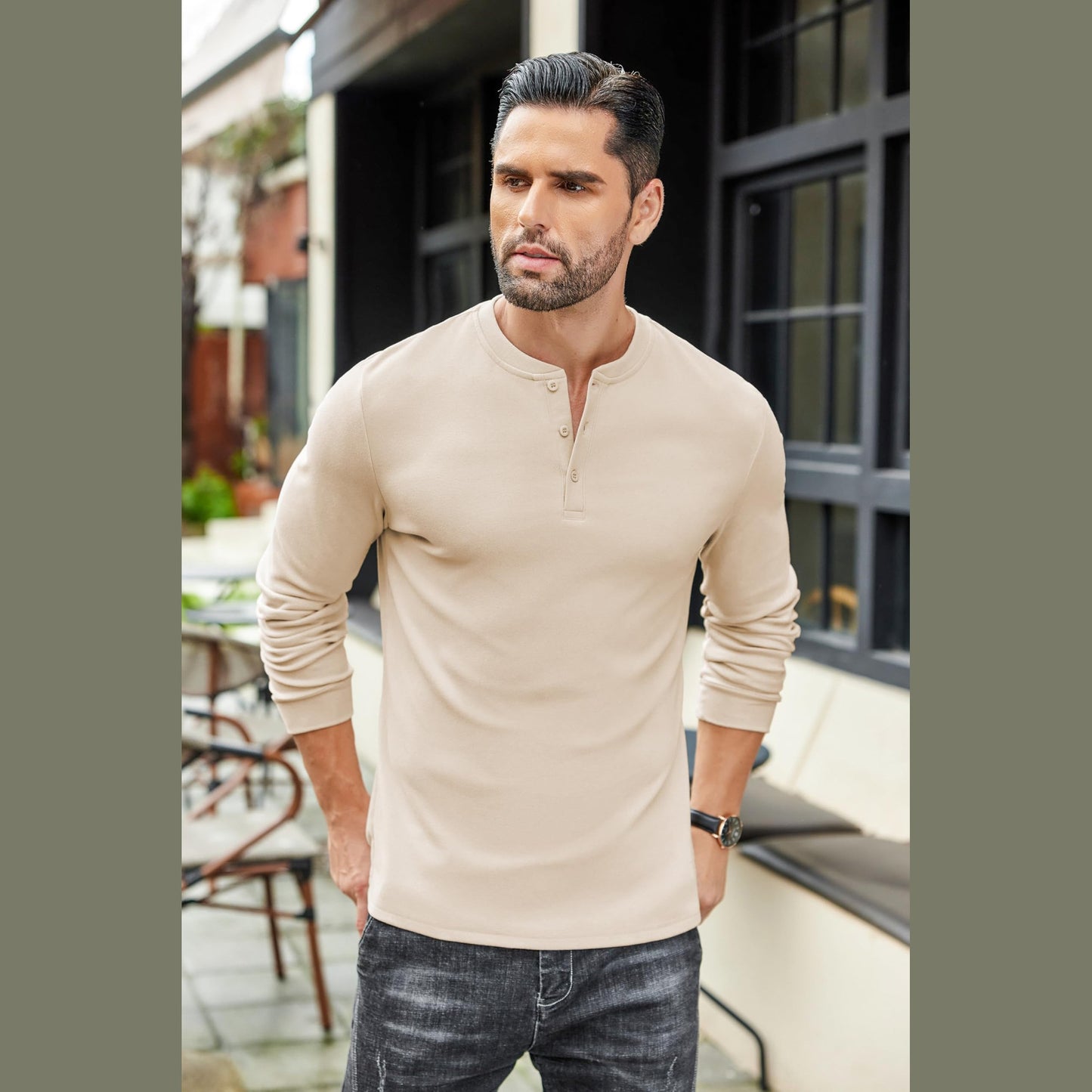 COOFANDY Men's Casual Henley Shirt Soft Stretch Long Sleeve T-Shirt Heavyweight Henley Pullover Basic Solid Plain T Shirt Khaki - Medaid International