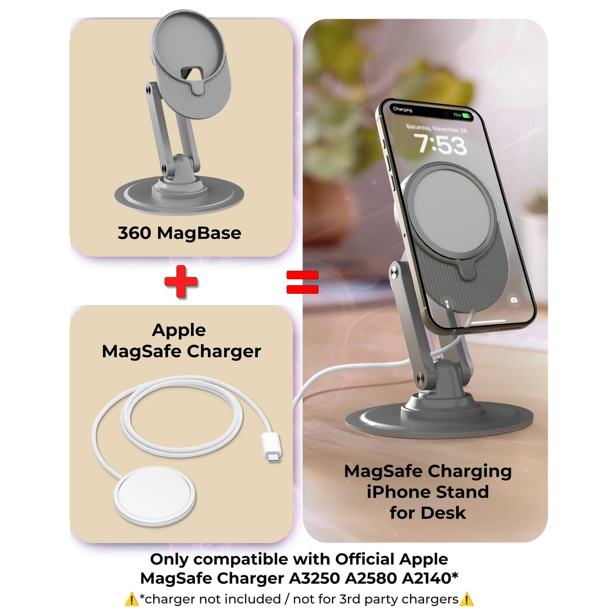 COOPER 360 MagBase, Stand for Apple MagSafe Charger (Not Included) MagSafe Charger Stand for iPhone 17 Pro Max, iPhone 16, 15,14,13,12, AirPods Charging, Standby Mode, 360° Rotation (Space Grey) - Medaid International