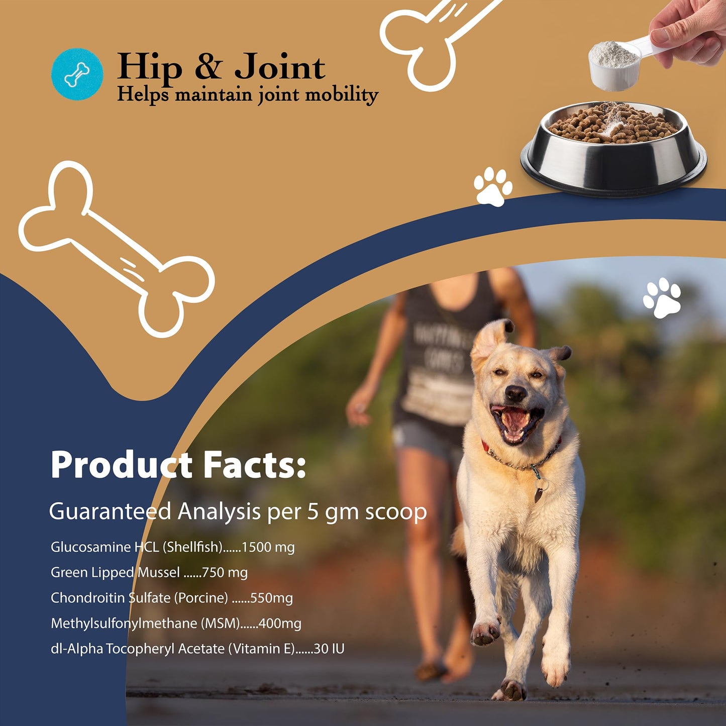 Hip and Joint Food Supplement for Dogs, Large Breeds- Glucosamine and Chondroitin Powder with Green Lipped Mussel - Pain, Inflammation Relief with Vitamins - Senior Health Supplies for Arthritis