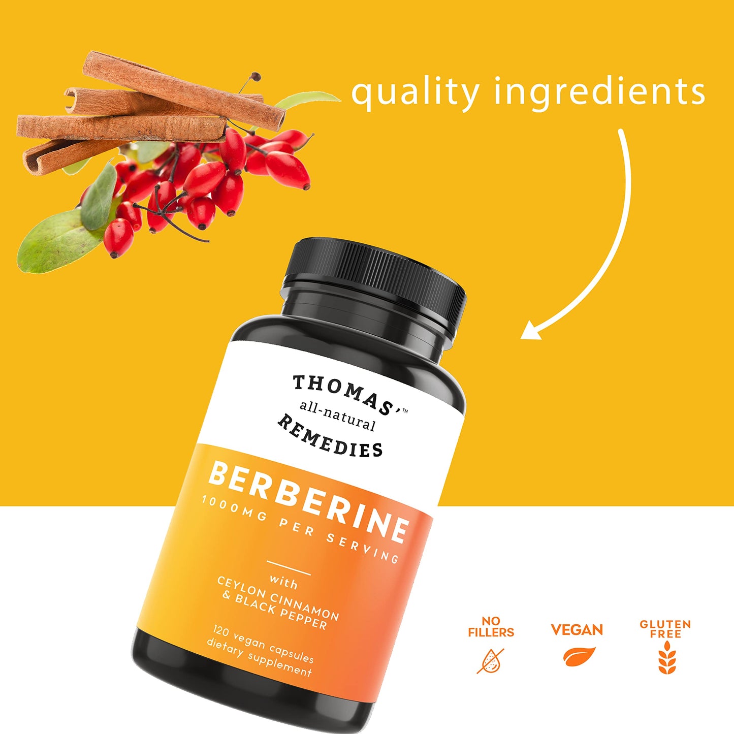 Thomas' all-natural Remedies Berberine 500mg (1000mg Per Serving)- 120 Vegan Capsules- with Ceylon Cinnamon & Black Pepper- Supports Healthy Immune Function & Overall Wellness - Medaid International