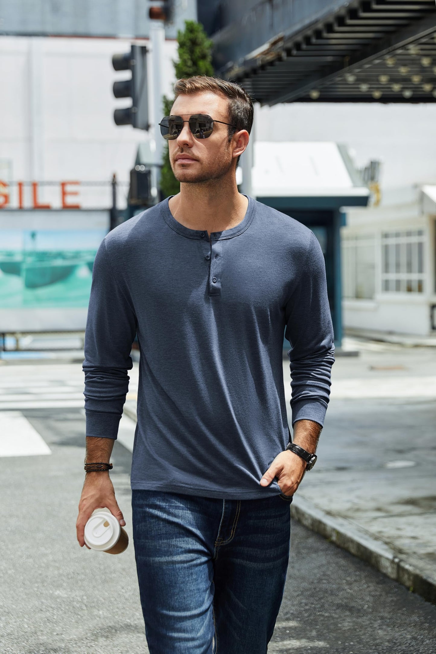 COOFANDY Men's Henley T-Shirt Long Sleeve Casual Slim Fit Stretch Tees Soft Henley Shirts Lightweight Fall Henley Pullover Tshirt Navy Blue - Medaid International