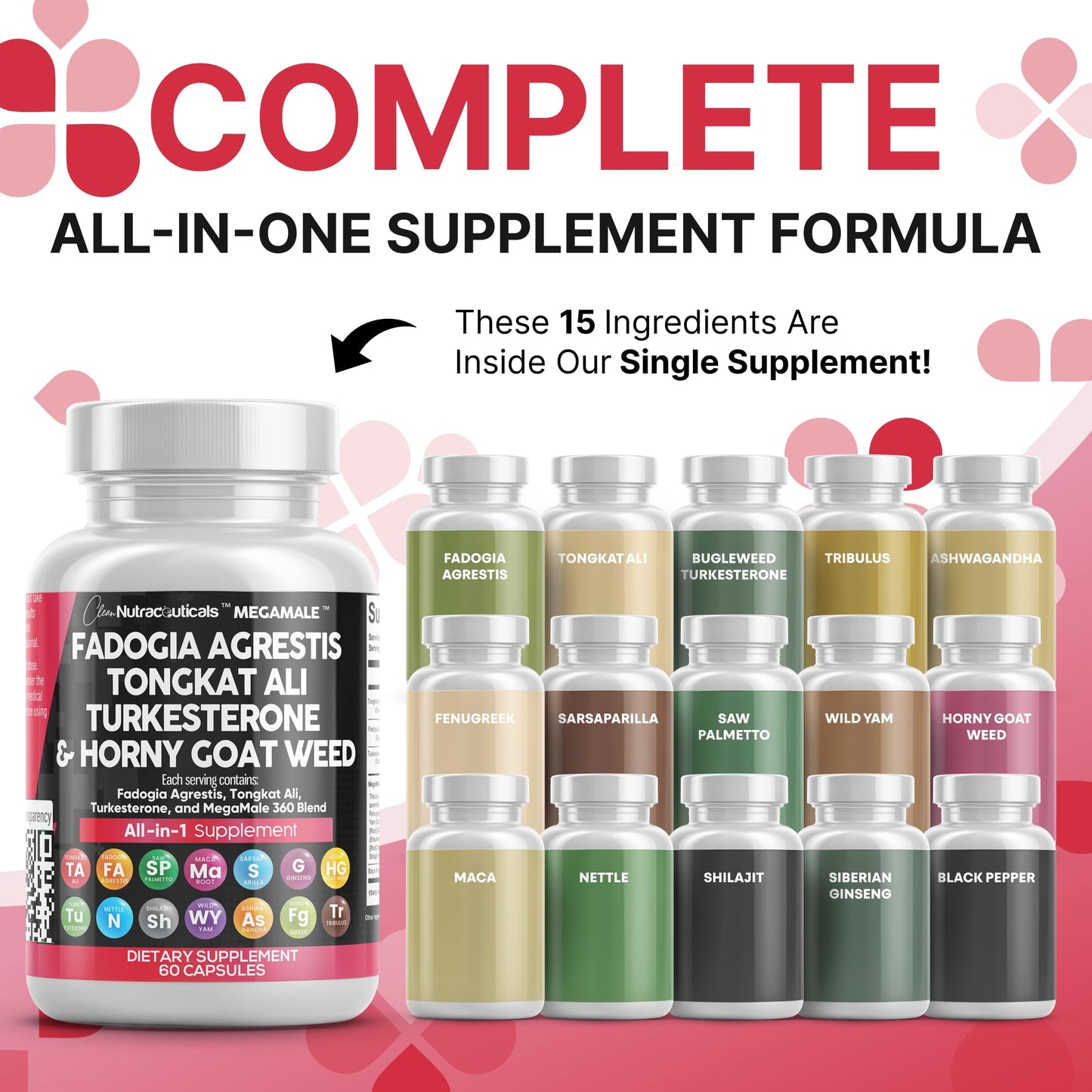 Clean Nutraceuticals Fadogia Agrestis Tongkat Ali Turkesterone Supplement with Horny Goat Weed, Saw Palmetto, Maca Root, Siberian Ginseng, Tribulus Terrestris, Fenugreek, Wild Yam - 60 Count - Medaid International