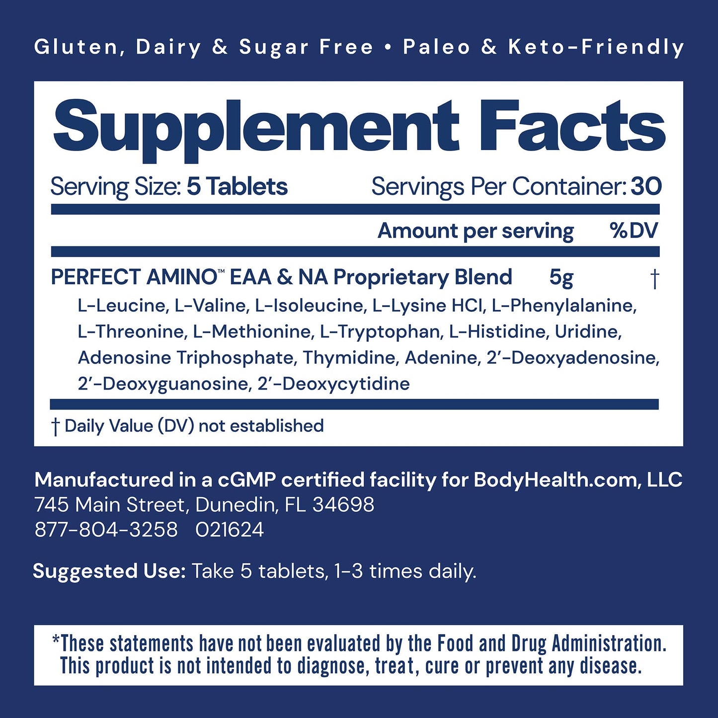 BodyHealth PerfectAmino Tablets (150 ct), Essential Amino Acid with BCAAs + Lysine, Phenylalanine, Threonine, Methionine, Tryptophan, Supplement for Muscle Mass Production, Recovery & Strength - Medaid International
