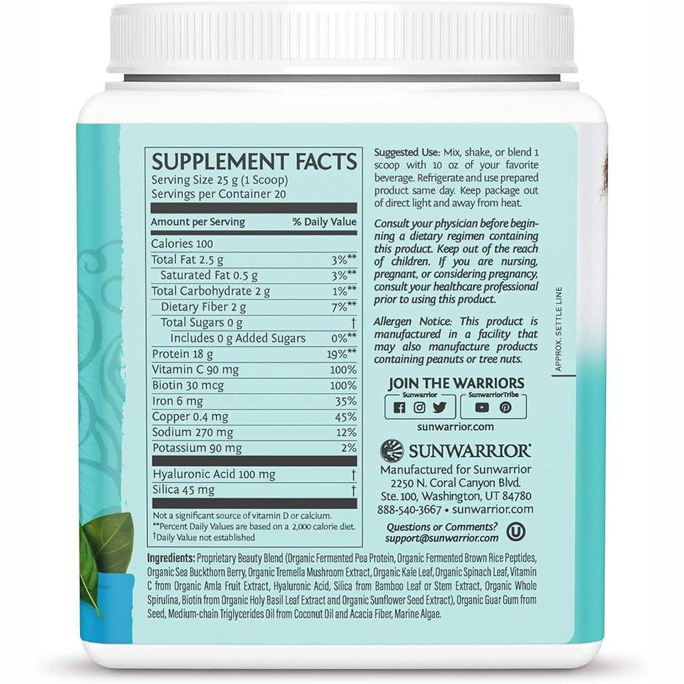 Sunwarrior Vegan Collagen Building Powder Protein Peptide with Biotin, Vitamin C, Hyaluronic Acid for Hair Skin Nail, 30 Servings
