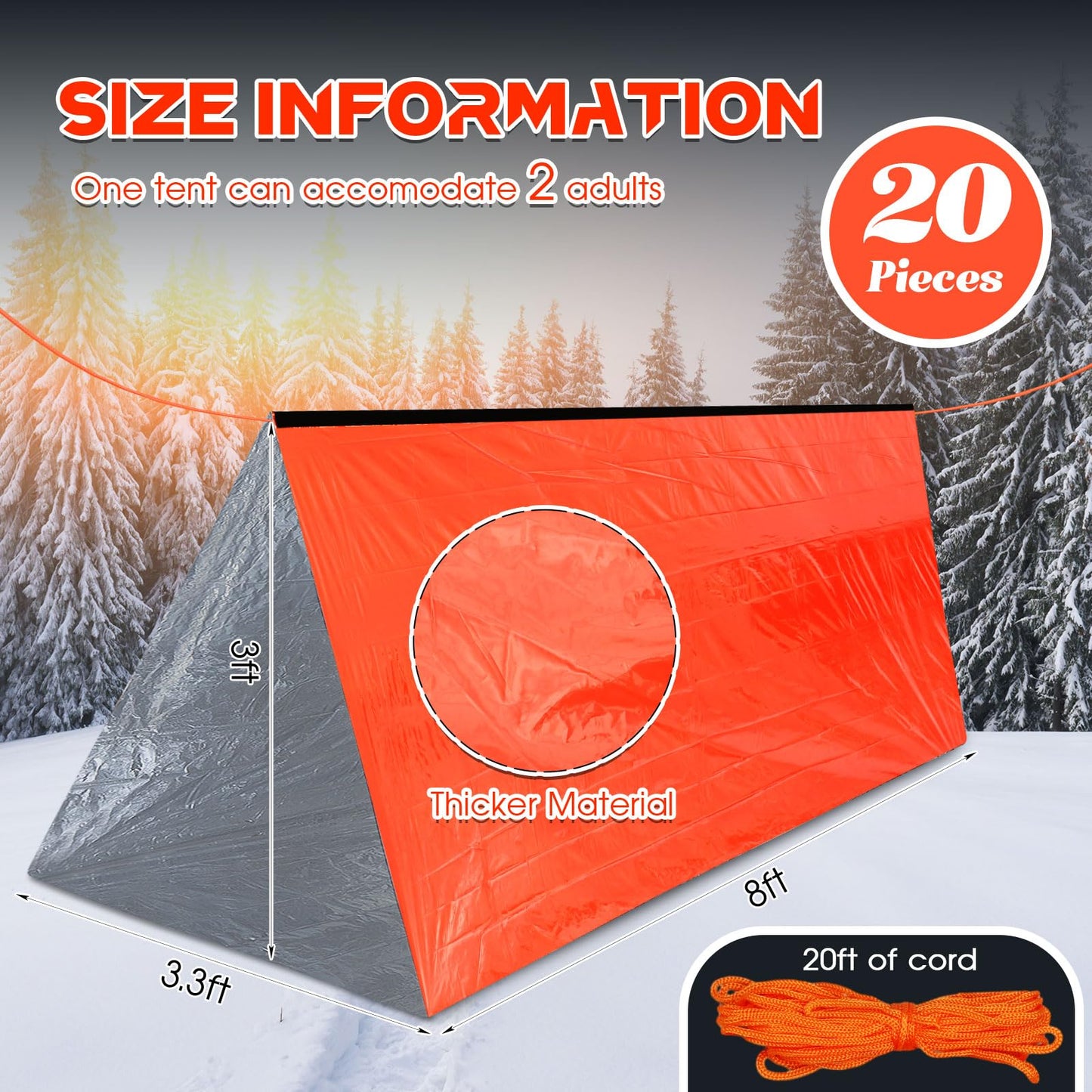 Woanger 4/10/20 Pcs Emergency Tent for Homeless Survival Tents Bulk 2 Person Tube Camping Tents 8 ft x 3 ft Shelter Survival Tent Portable Shelter for Hiking Backpacking Camping Outdoor(Orange,20 Pcs)