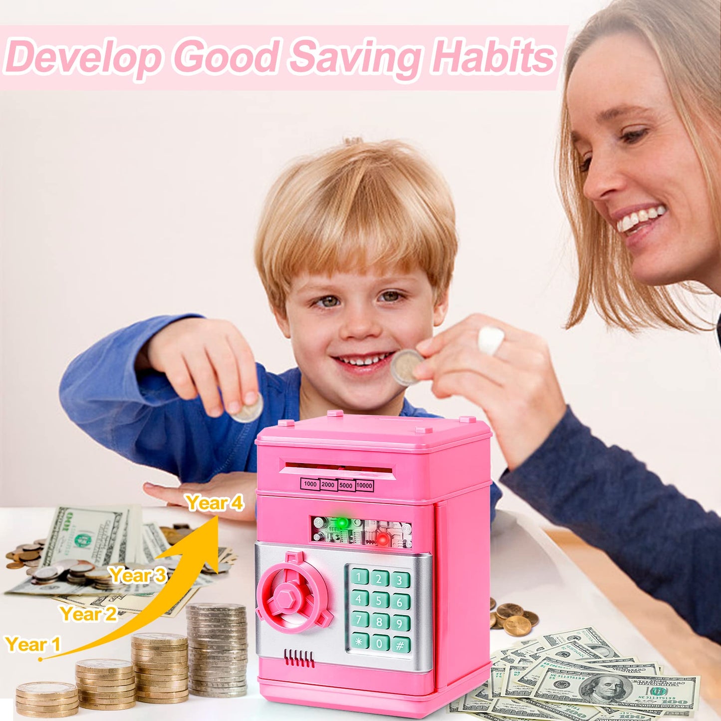 Refasy Electronic Piggy Bank Money Safe Password Money Box for Kids Ages 3+, ATM Bank Safe Coin Cash Banks Money Saving Box, Birthday for Girls 3 4 5 6 7 8 9 10 12 Years Old (Pink) - Medaid International