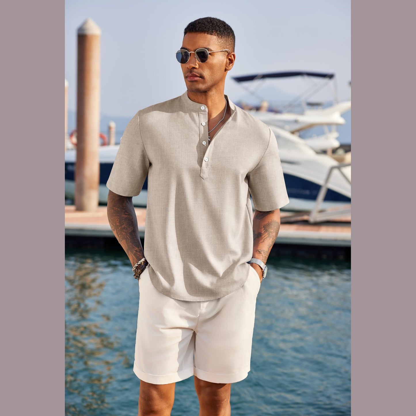 COOFANDY Men's Cotton Linen Henley Shirt Short Sleeve Hippie Casual Band Collar Summer Beach T-Shirts Khaki - Medaid International