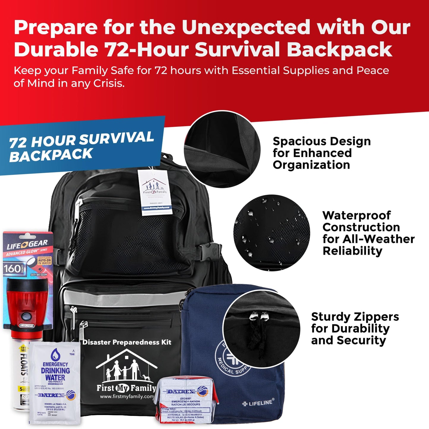 All-in-One 4 Person, LifeStraw Go, 72 Hour Bug Out Bag Emergency Survival Kit for Family. Be Prepared for Hurricanes, Floods, Tsunami, Other Disasters