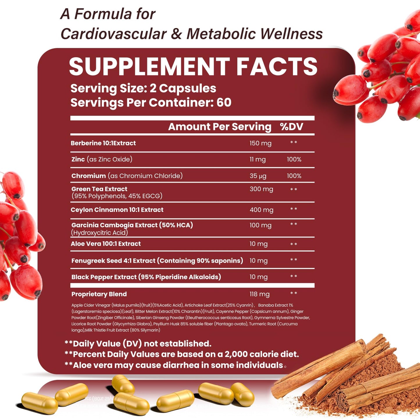 Lookatool 21-in-1 Berberine Supplement with Ceylon Cinnamon - Organic Berberine HCL Phytosome, 5X Higher Absorption for Metabolism Support 120 Capsules - Medaid International