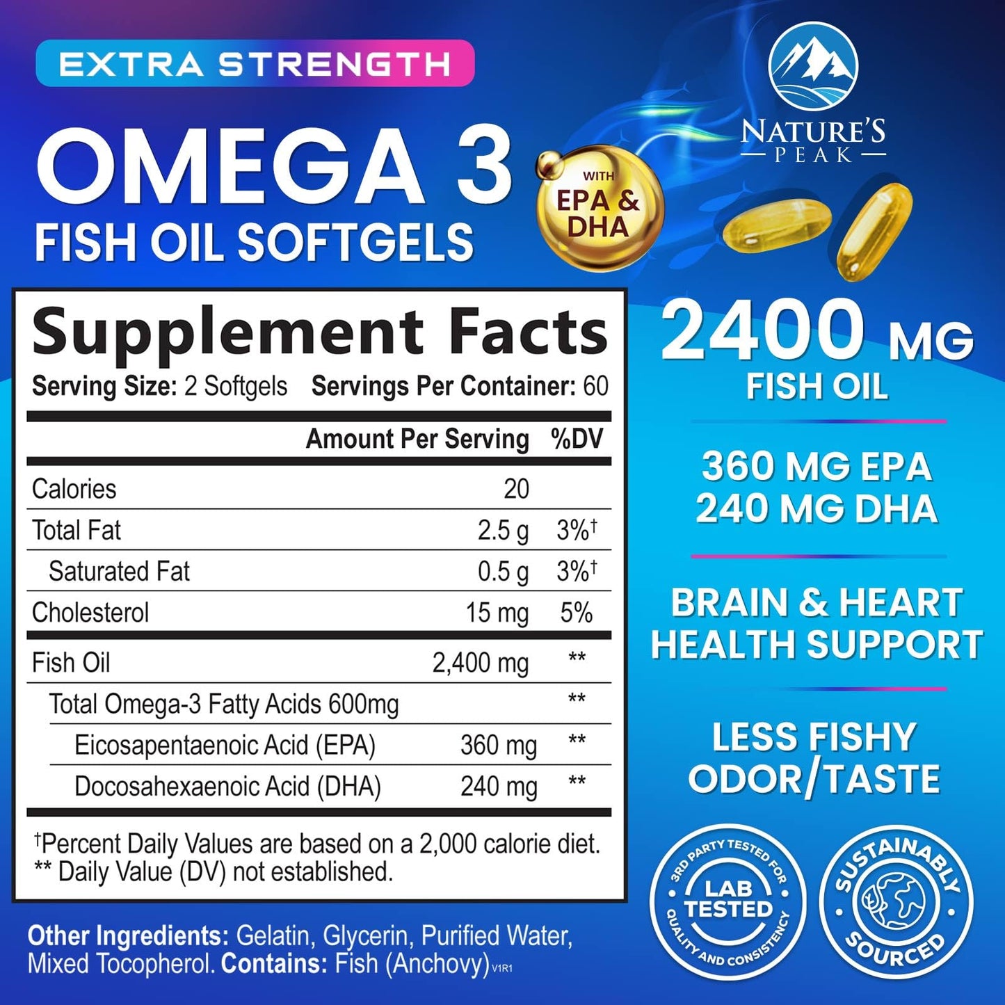 Omega 3 Fish Oil 2400 mg Supplement, Sustainably Sourced, Triple Strength Omega-3 Supplement Softgels, Brain Health Support, EPA & DHA Fish Oil Fatty Acids Supplements, Gluten & GMO Free, 120 Softgels - Medaid International