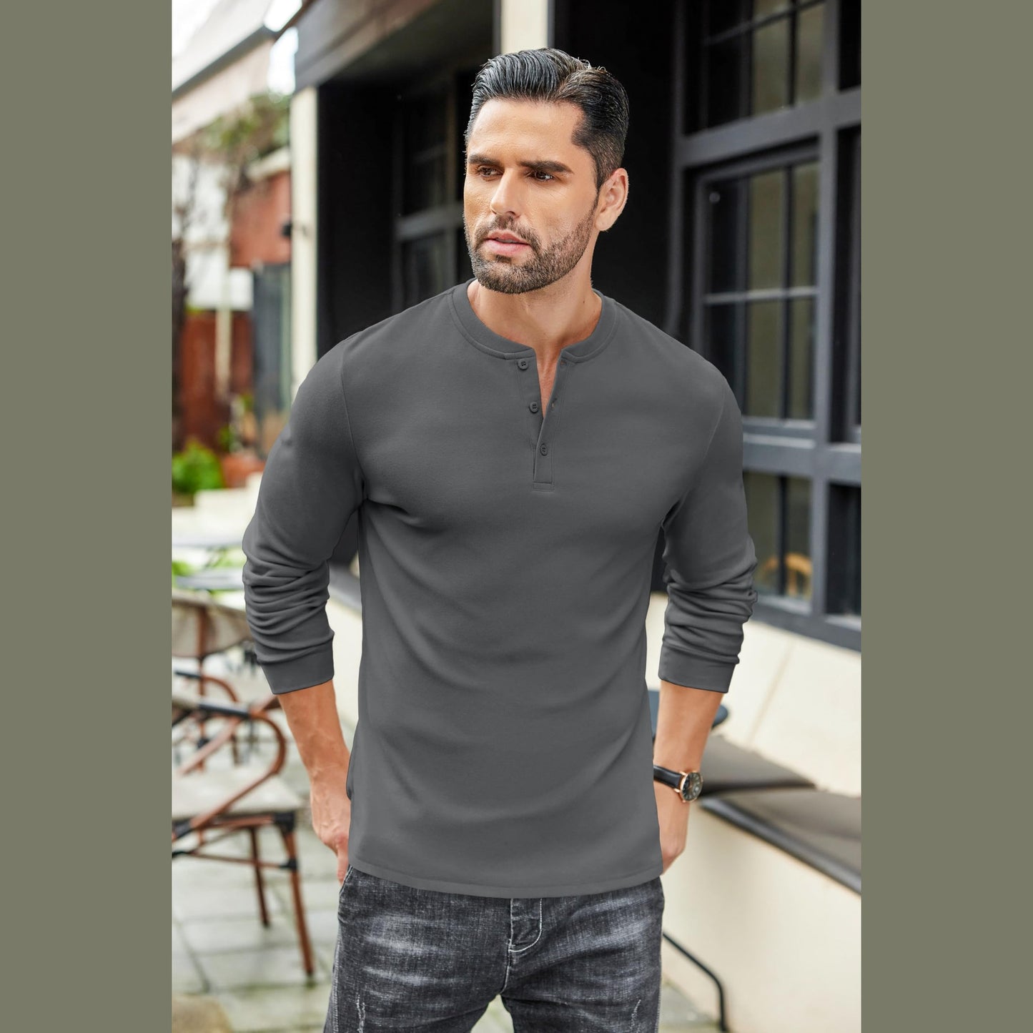 COOFANDY Men's Casual Henley Shirts Long Sleeve Fashion Basic Pullover Shirt Lightweight Button T-Shirts Fall Tops Dark Grey - Medaid International